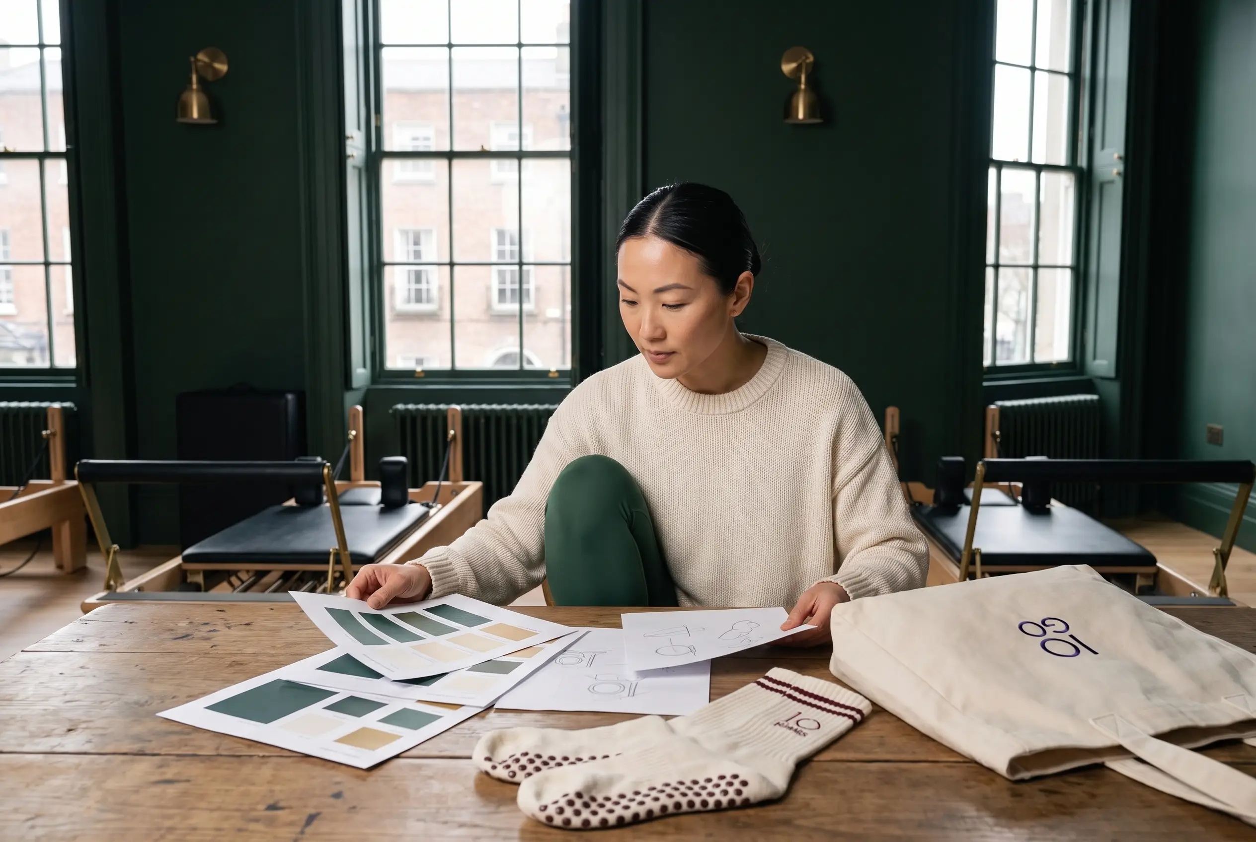 Creative director reviews a brand style guide template with colour swatches, typography samples, logo pages, and branded fitness merchandise on a studio desk.