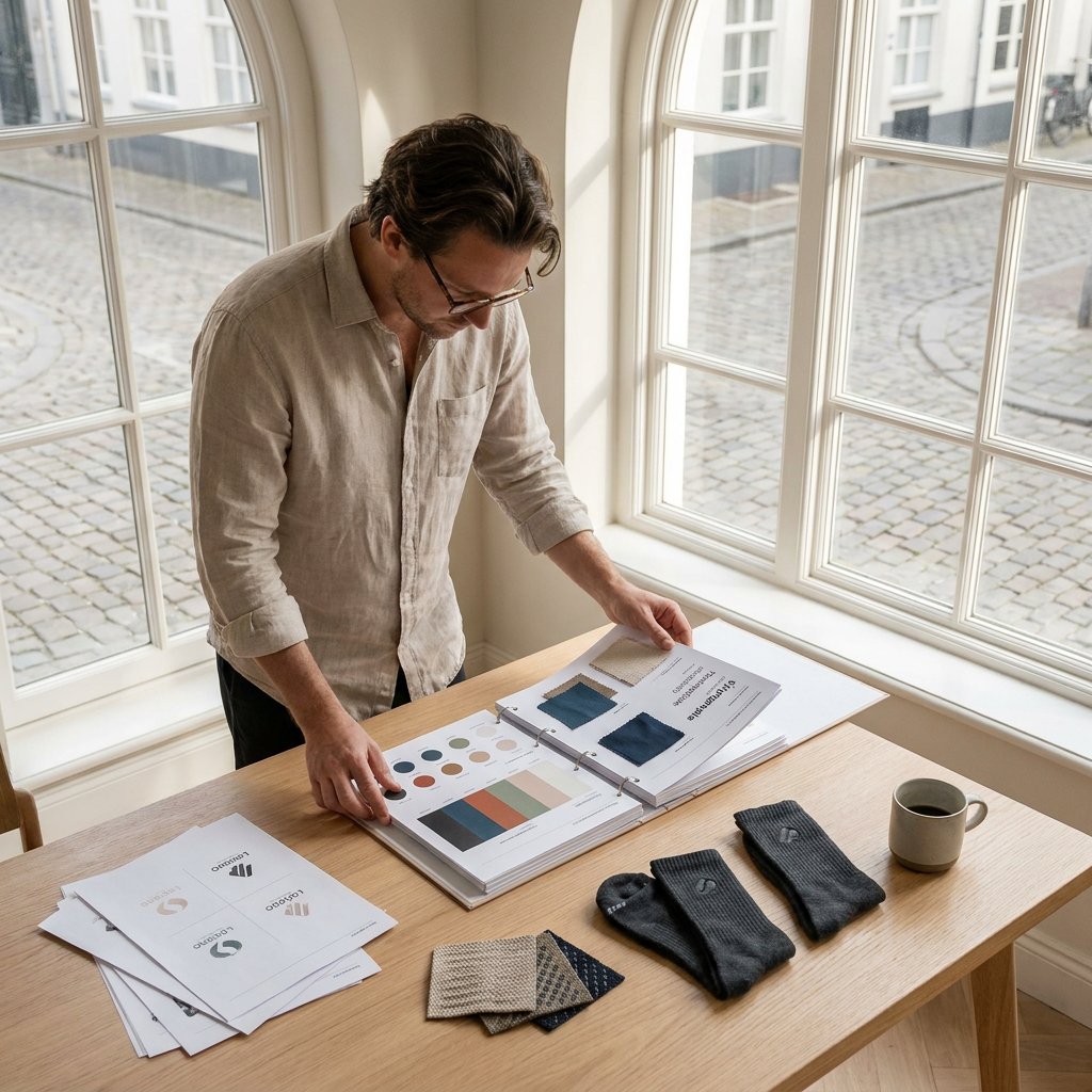 Creative Director prüft eine Styleguide Vorlage mit Farbmustern, Typografie-Beispielen, Logo-Seiten und gebrandetem Fitness-Merchandise auf einem Studio-Schreibtisch.