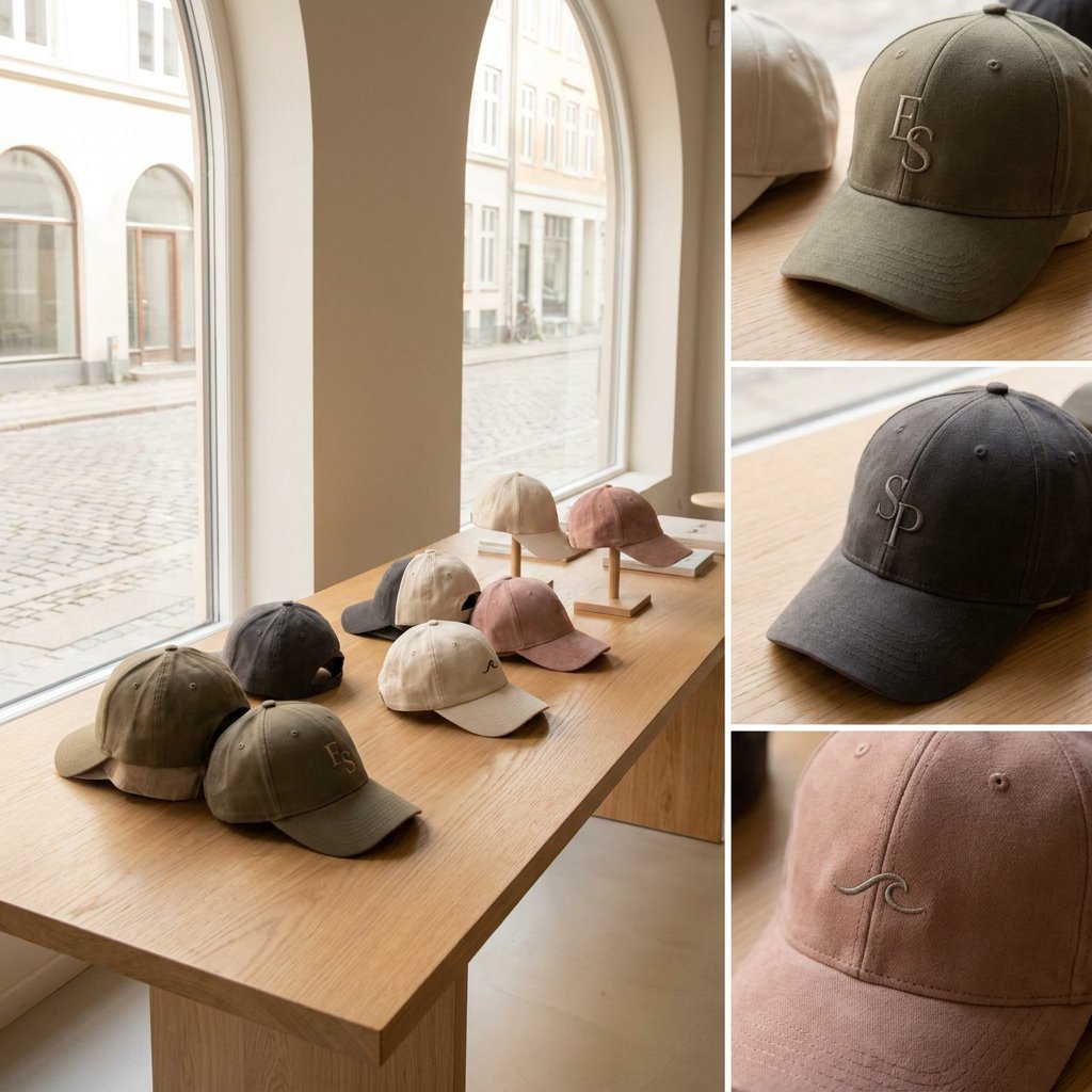 Neutral-toned custom caps with embroidered studio logos arranged on a clean table in a bright boutique fitness studio retail corner.
