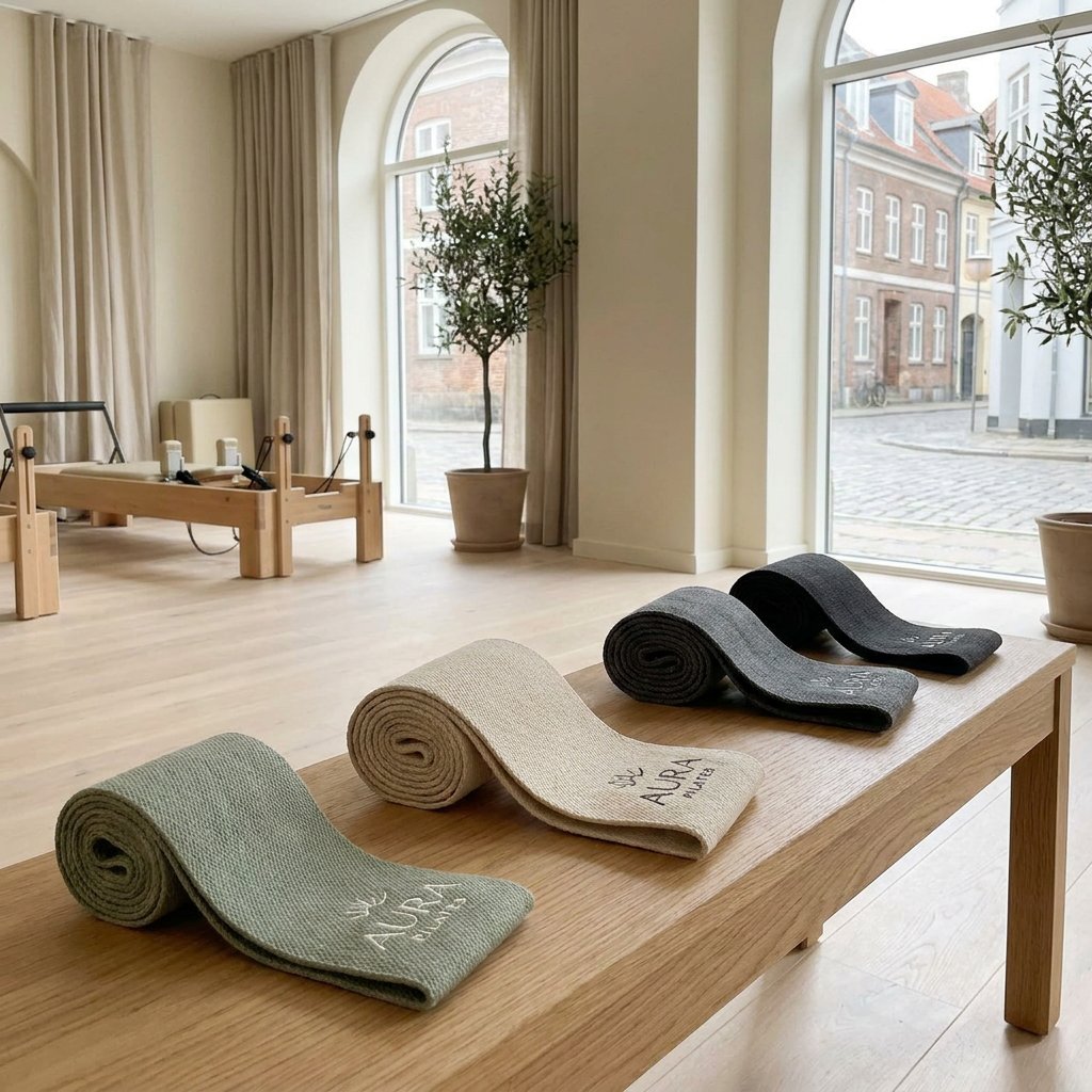 Neatly arranged custom exercise bands with studio logo on a wood bench in a bright Pilates studio, with reformers and soft natural light behind.
