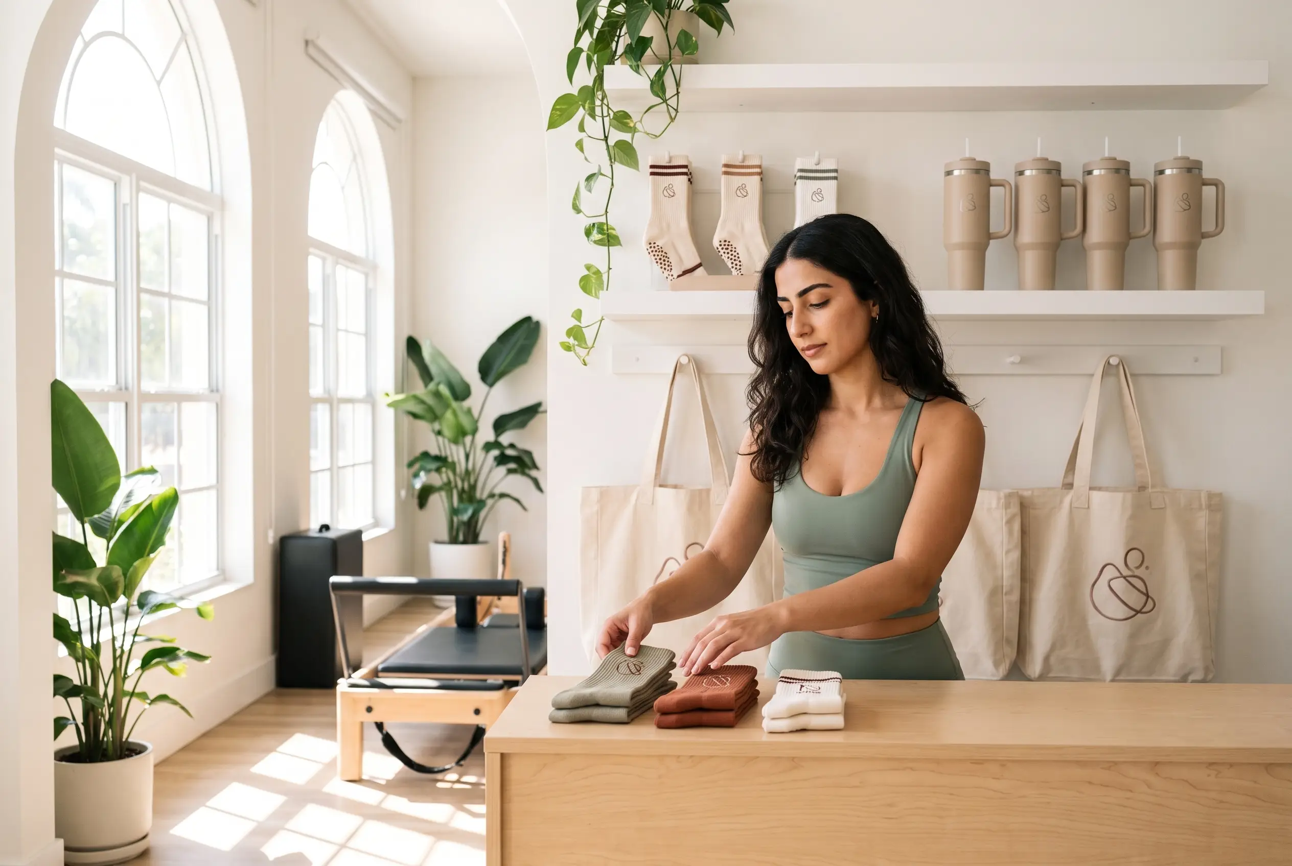 Empfang eines Boutique-Pilates-Studios mit ordentlich arrangierten gebrandeten Grip-Socken, Trinkflaschen und Accessoires in weichem Tageslicht.