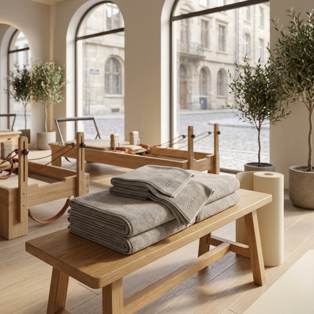 Neatly folded custom microfibre towels with embroidered logo sit on a wooden bench inside a bright boutique Pilates studio.