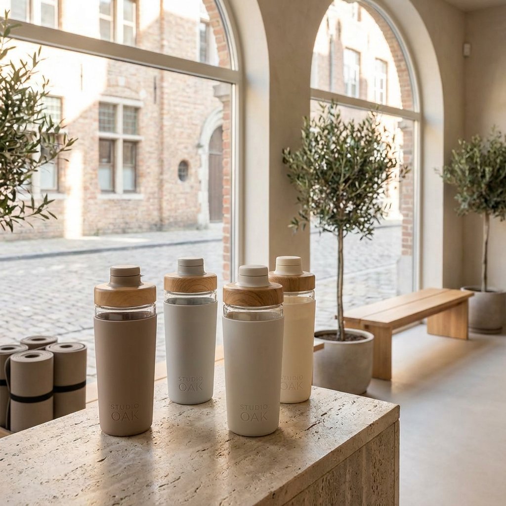 Shakers med logga i mjuka neutrala färger står på en ren studiodisk, med en suddig boutique-träningslokal i bakgrunden i naturligt morgonljus.