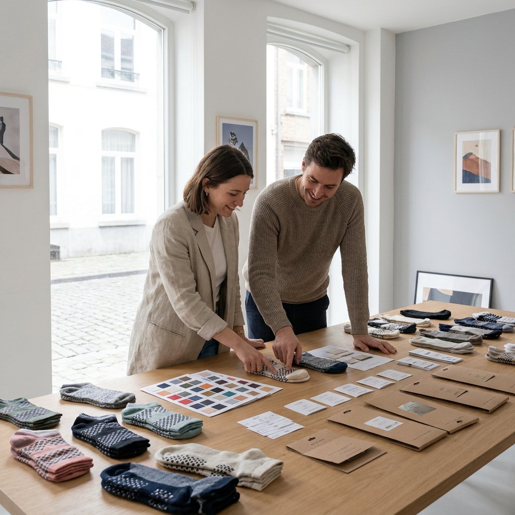 Ein Studio-Einkäufer prüft Muster von gebrandeten Grip-Socken und Verpackungen auf einem aufgeräumten Arbeitstisch in einem hellen europäischen Designbüro mit Stoffmustern in der Nähe.