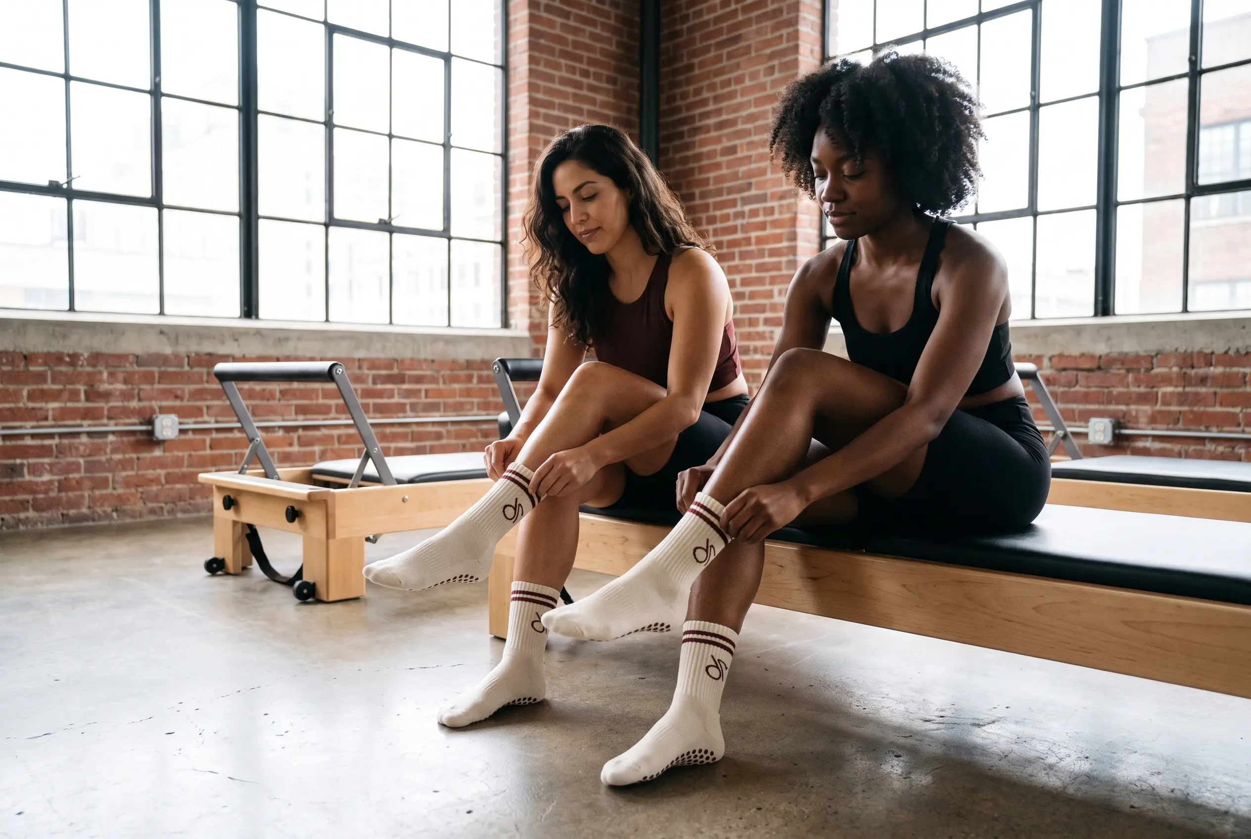 Gefaltete individuelle Grip-Socken mit einem klaren Logodetail liegen auf einer hellen Holztheke in einem modernen Boutique-Pilatesstudio.
