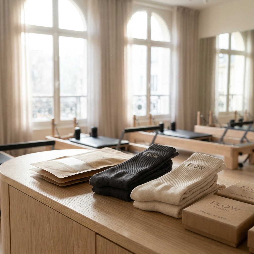 Folded custom grip socks with a clean logo detail are arranged on a light wood retail counter inside a modern boutique Pilates studio.