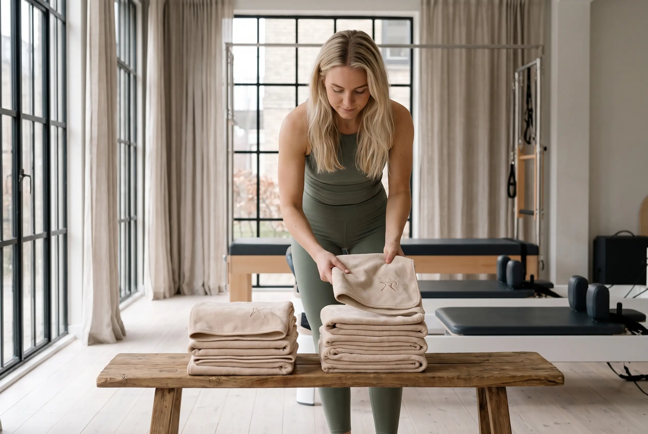 Gestapelte Sporthandtücher mit Logo auf einer aufgeräumten Empfangstheke aus Holz in einem hellen Boutique-Fitnessstudio, im Hintergrund unscharf Pilates-Geräte.