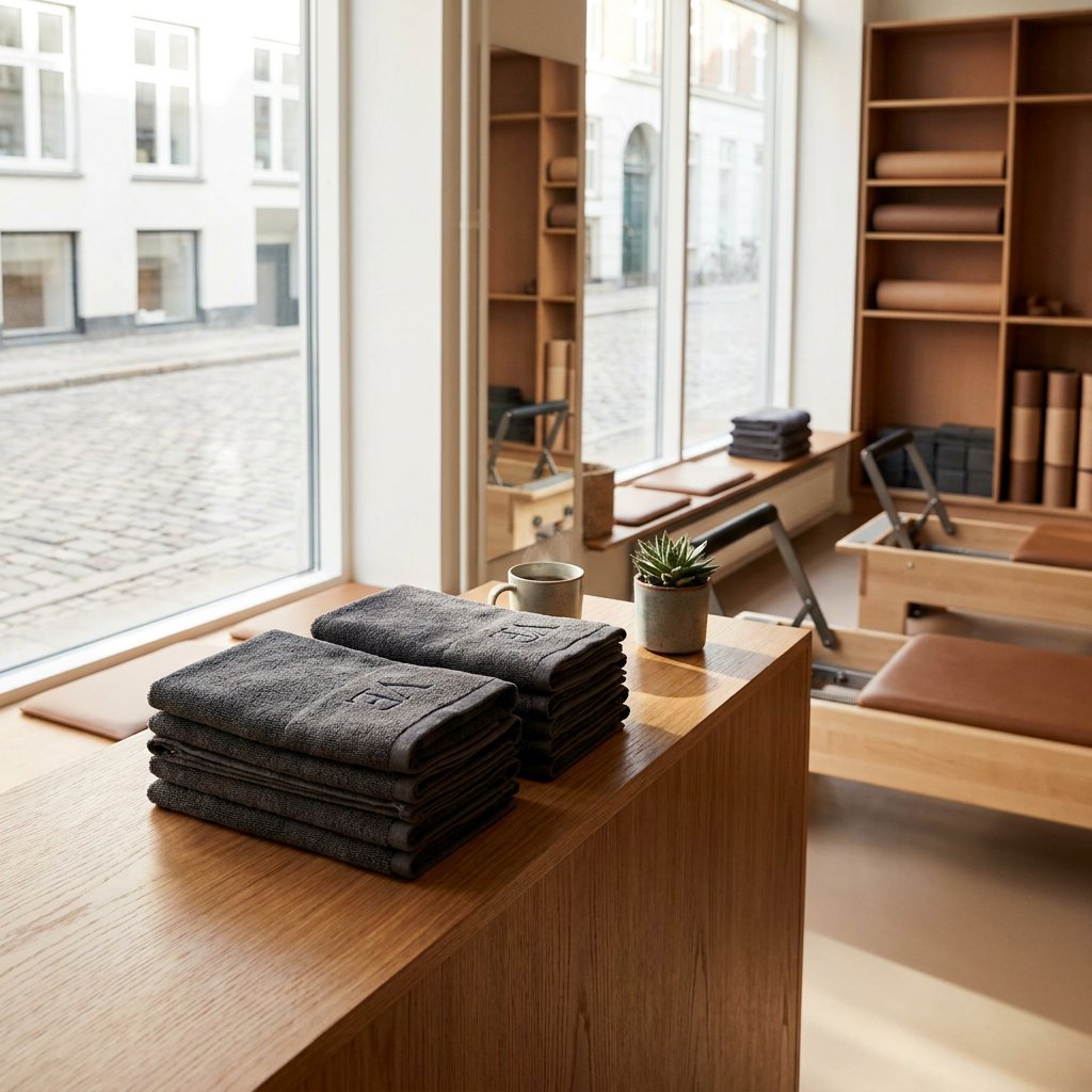 Staplade träningshanddukar med tryck på en prydlig receptionsdisk i trä i en ljus boutiquestudio för fitness, med pilatesutrustning mjukt suddig i bakgrunden.