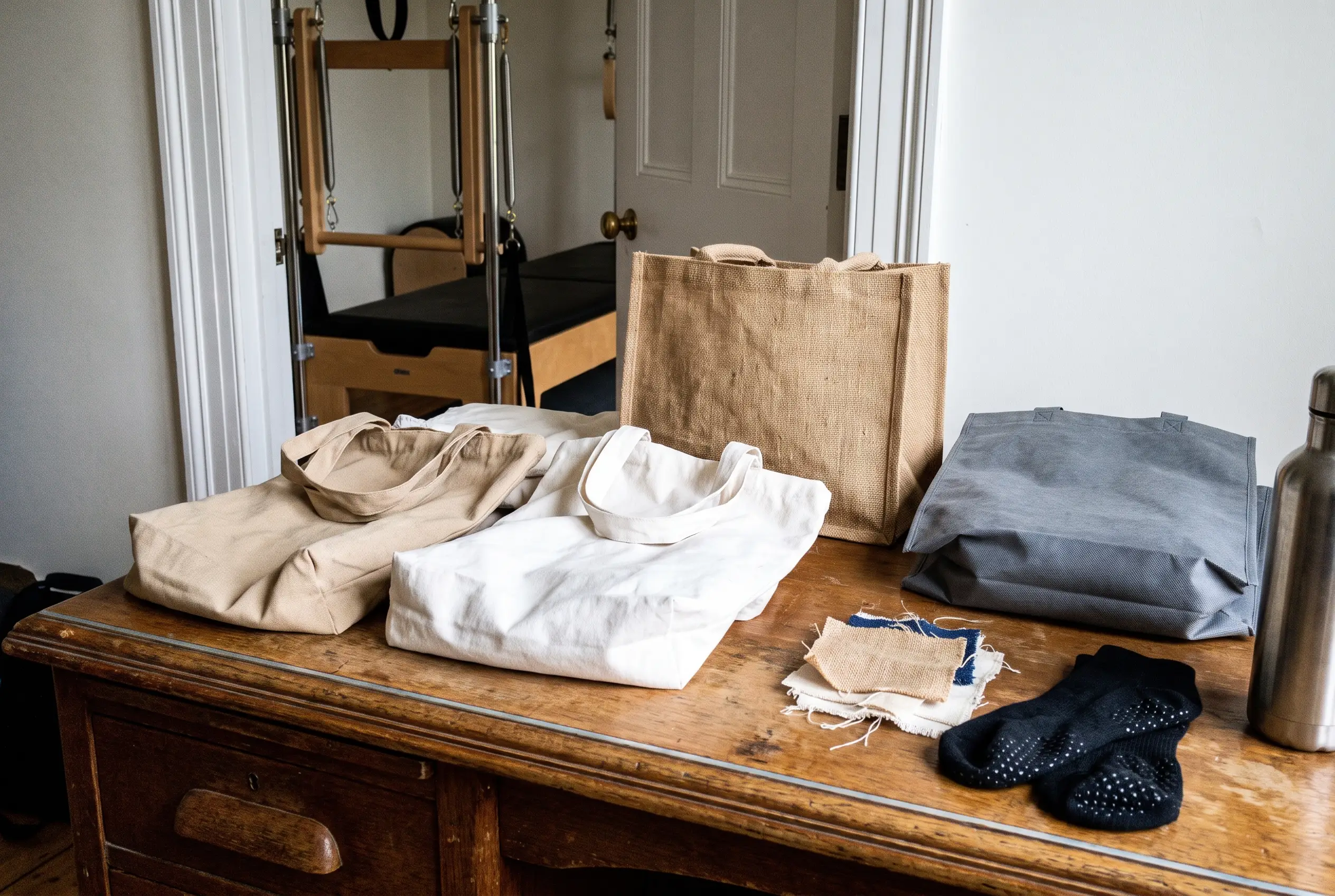 Taschen aus Canvas, Jute, recyceltem Material und Vliesstoff auf einem Verkaufstisch in einem hellen Boutique-Fitnessstudio mit Stoffmustern und sanftem Tageslicht.