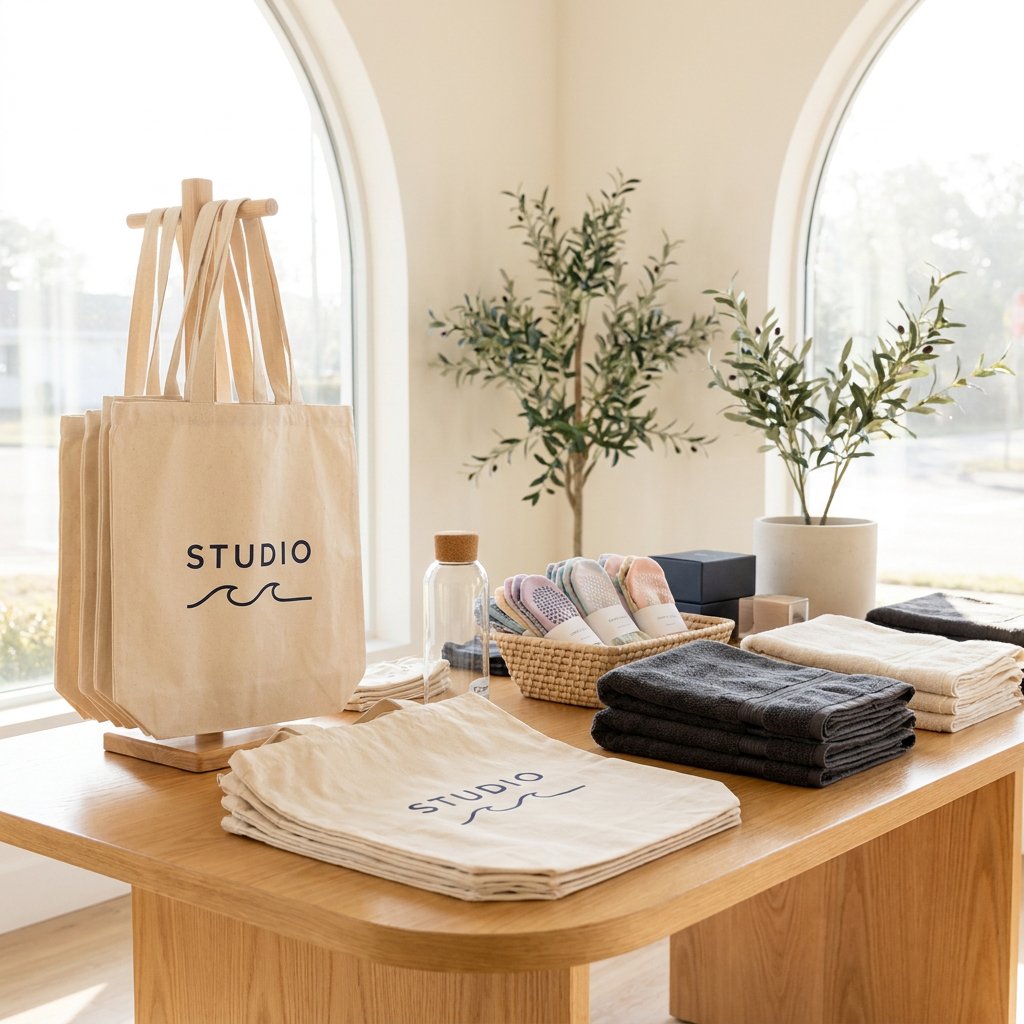 Branded canvas tote bags arranged on a clean studio retail table, with folded fitness accessories nearby in soft natural light.