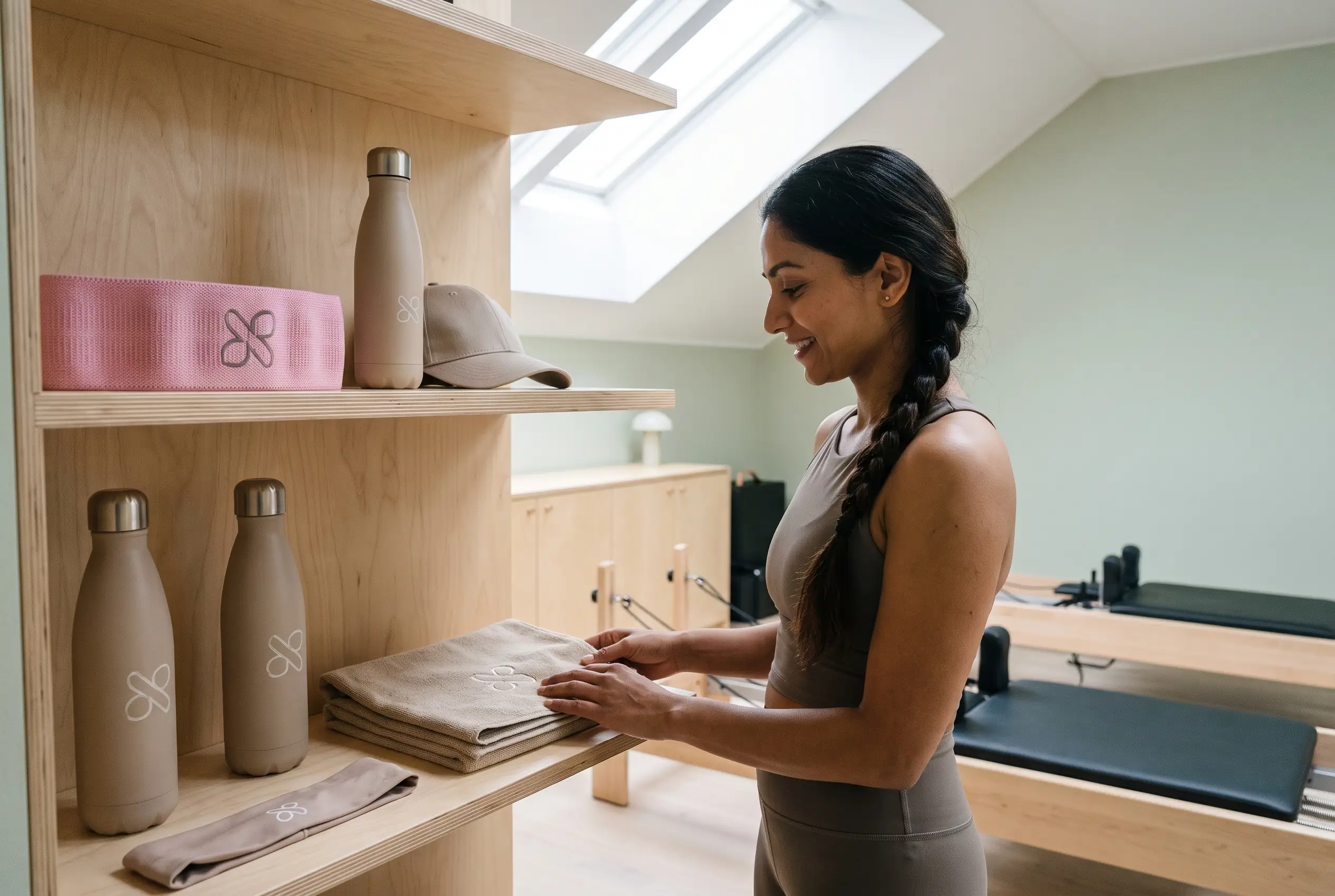 Ausgewählte Yoga-Props mit individuellen Gurten, Blöcken und Handtüchern liegen in einem hellen Boutique-Studio neben aufgerollten Matten in weichem Tageslicht.
