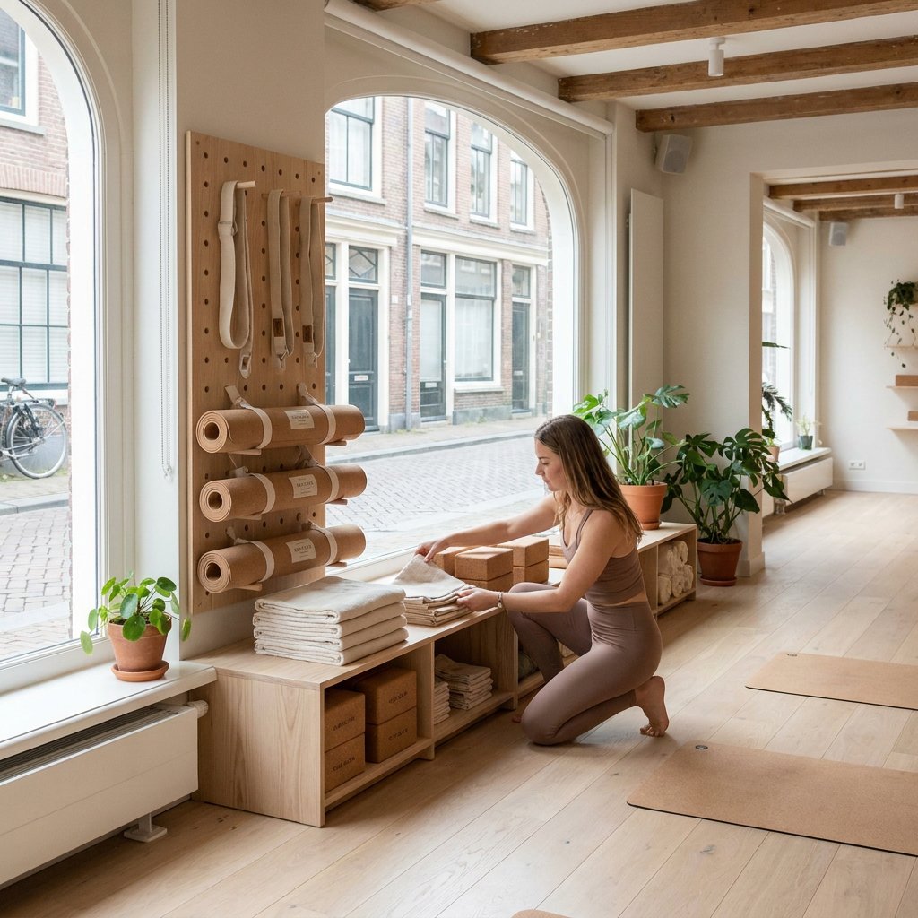 Curated yoga props with custom straps, blocks and towels are arranged in a bright boutique studio beside rolled mats and soft natural light.