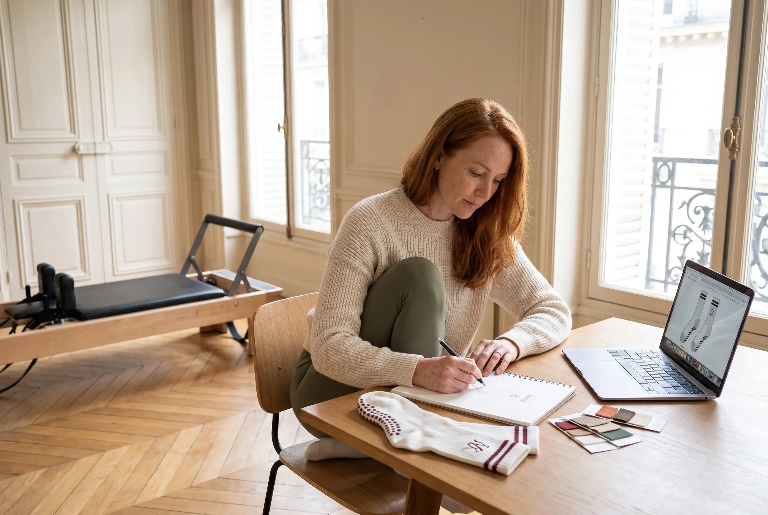 Studio owner reviews custom sock samples, colour swatches, and a simple logo layout on a clean desk in a bright boutique Pilates studio.