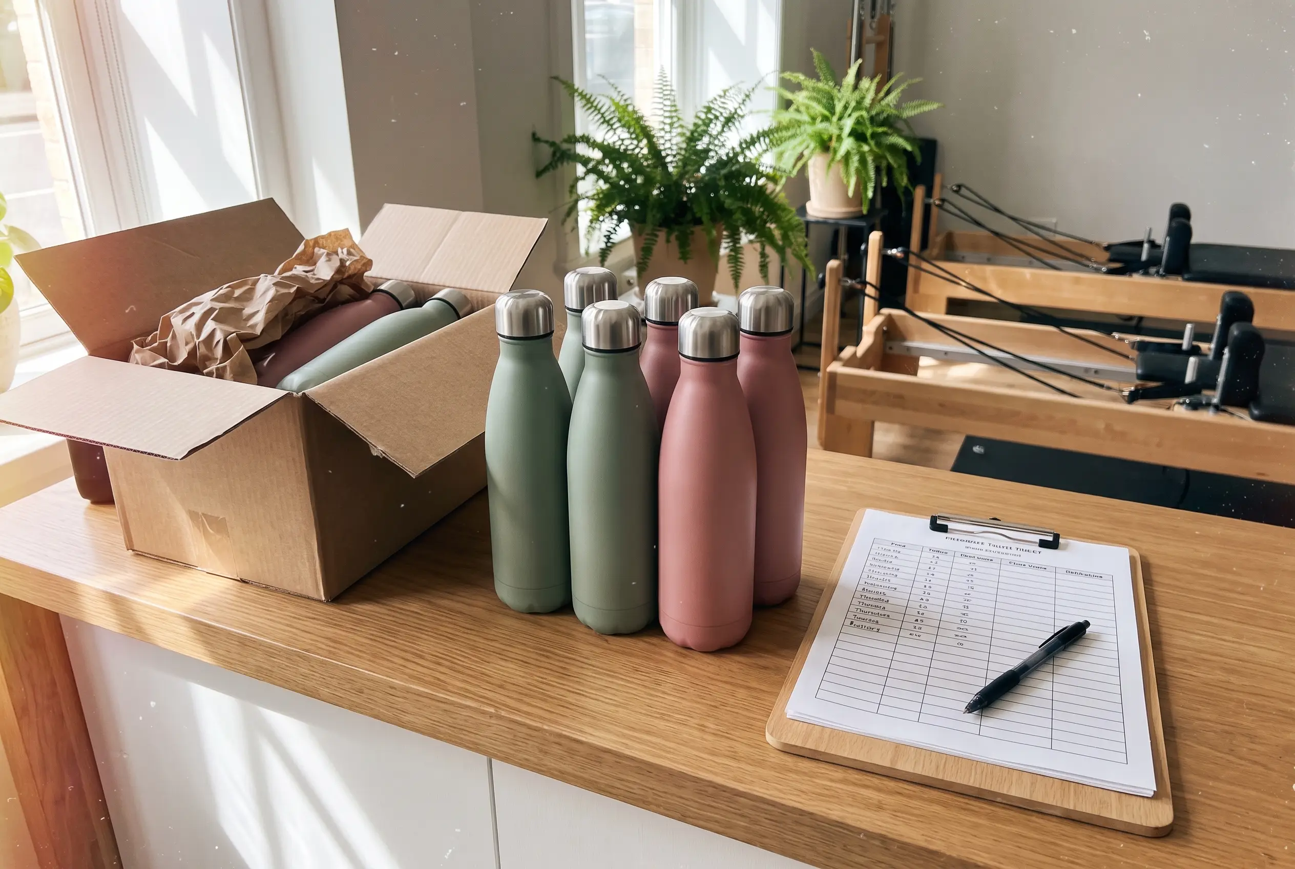 Studio manager reviews logo water bottle samples and quantity notes at a tidy desk, with boxed bottles and a calculator in soft natural light.