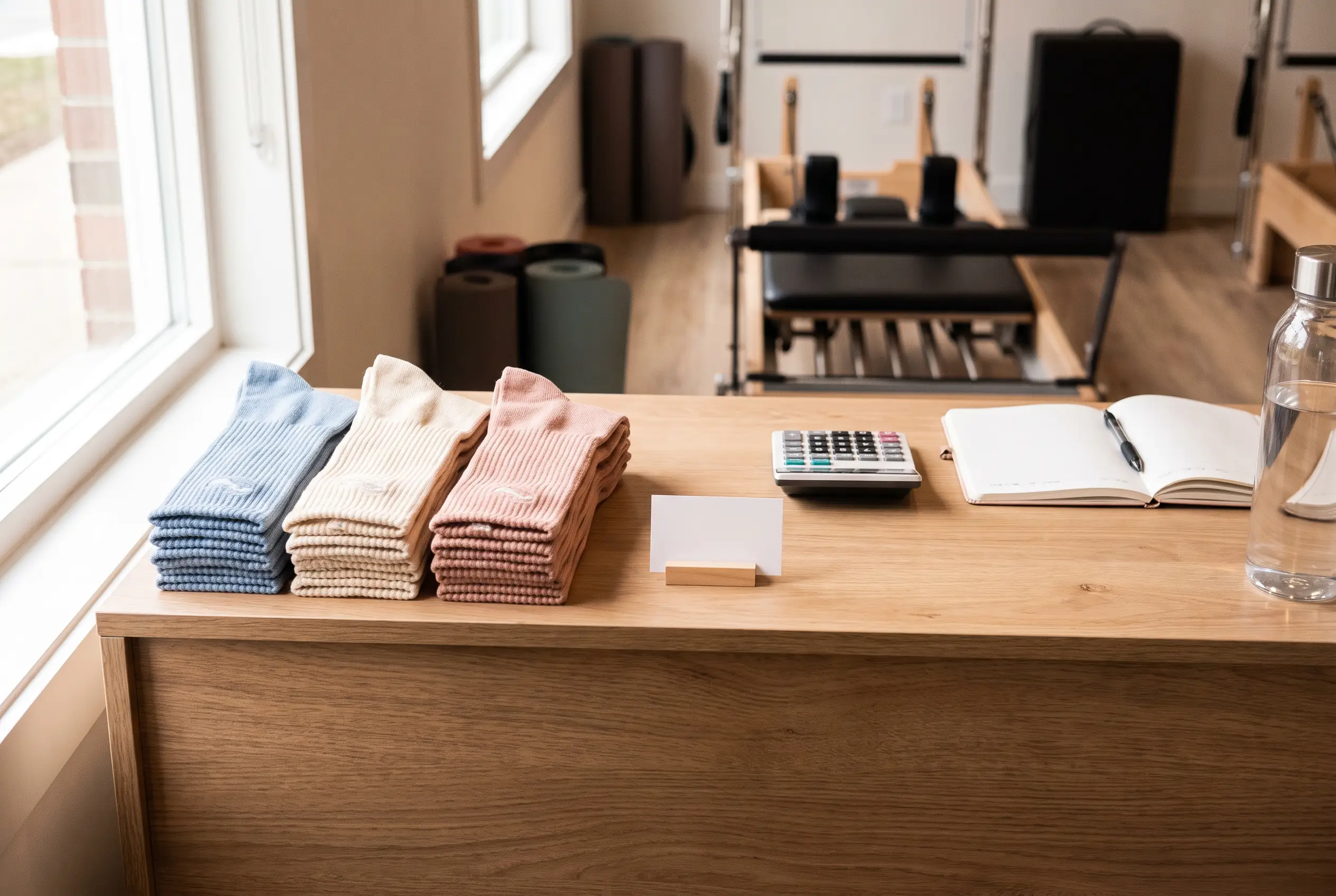 Disk i en boutique-pilatesstudio med prydligt staplade grippstrumpor, prislappar, miniräknare och anteckningsbok, upplyst av mjukt morgonljus i en ren butikshörna.
