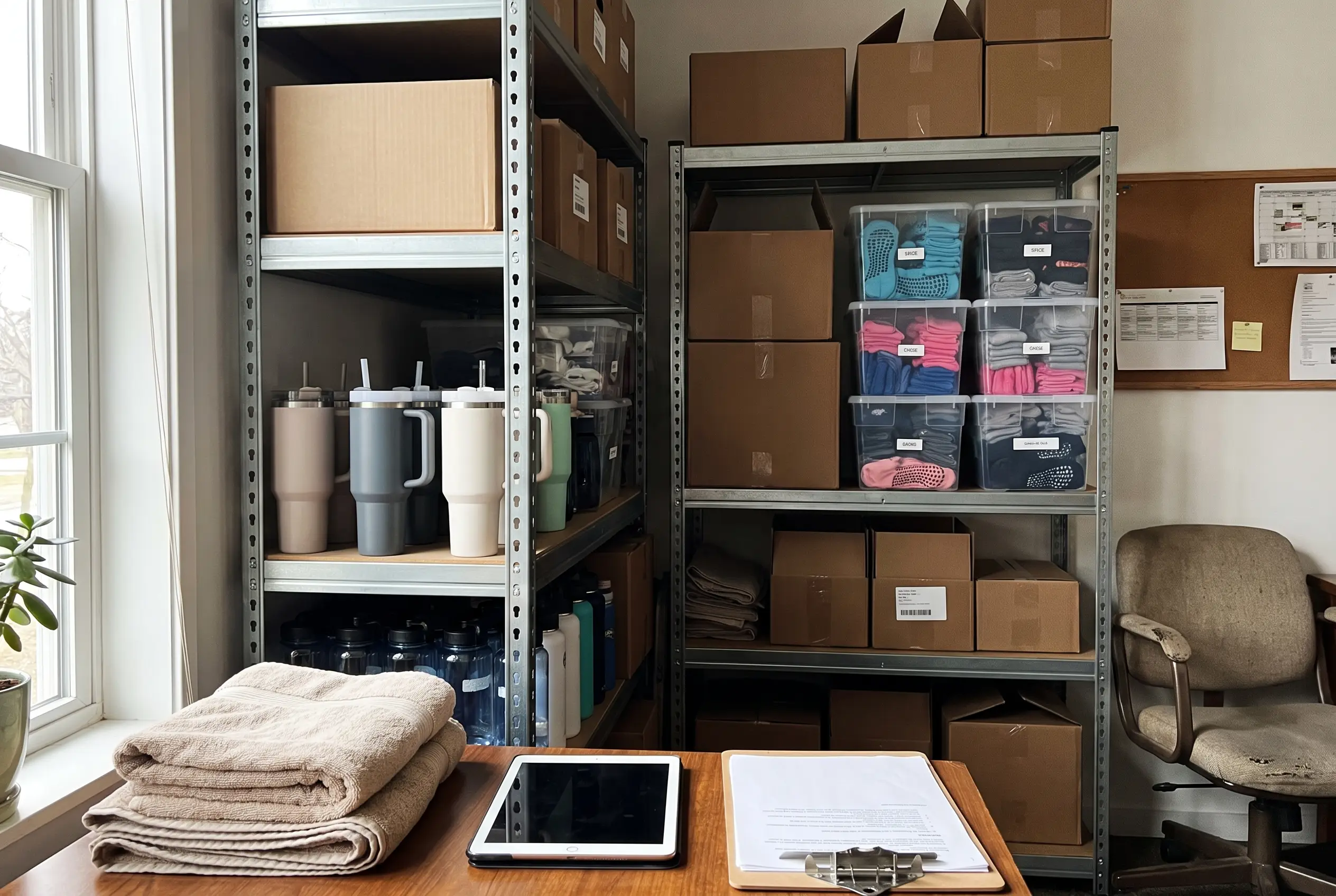 Retailhoek in een boutique fitnessstudio met netjes gestapelde gripsokken en accessoires terwijl een manager de voorraad op een tablet bekijkt.