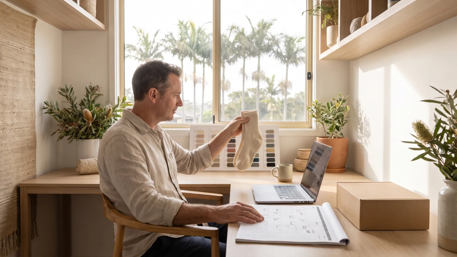 Studio owner holds a sample pair of grip socks while reviewing a wall planner at a sunny timber desk with yarn color cards, a laptop and a shipping carton.