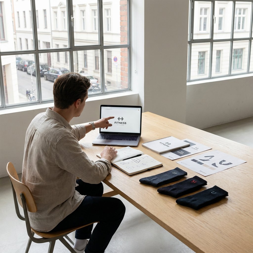 Creative director granskar logotypplaceringen på en laptop bredvid halkstrumpor med tryck, förpackningar och mockuper för sociala medier i en ljus, modern studio.