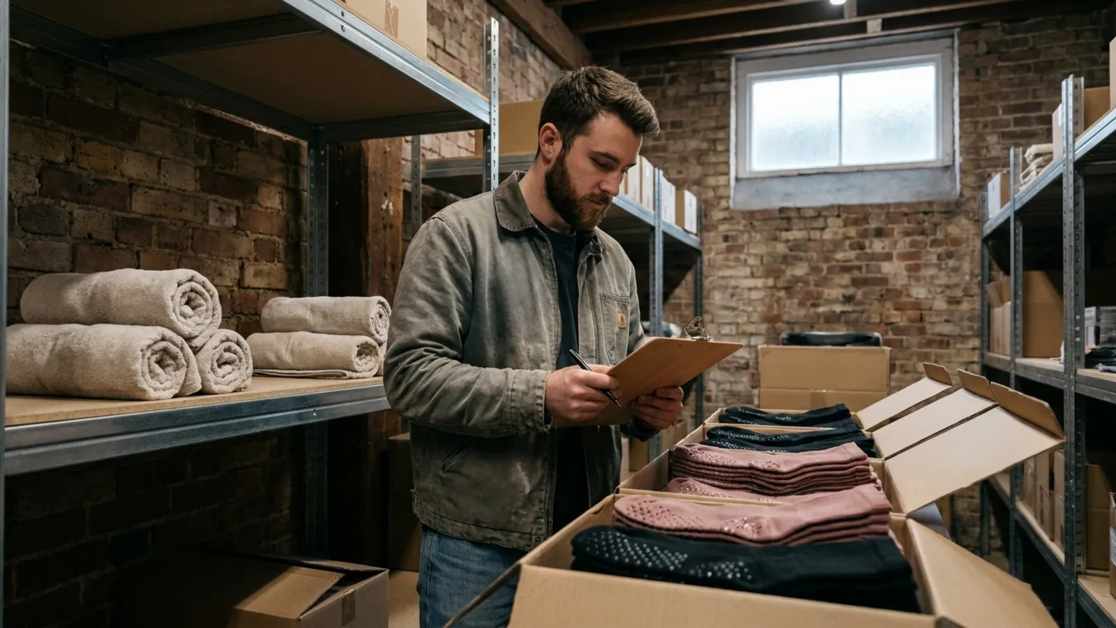 Studio manager counts boxes of black and dusty pink grip socks on steel shelving in a brick-walled stockroom, holding a clipboard next to rolled studio towels.