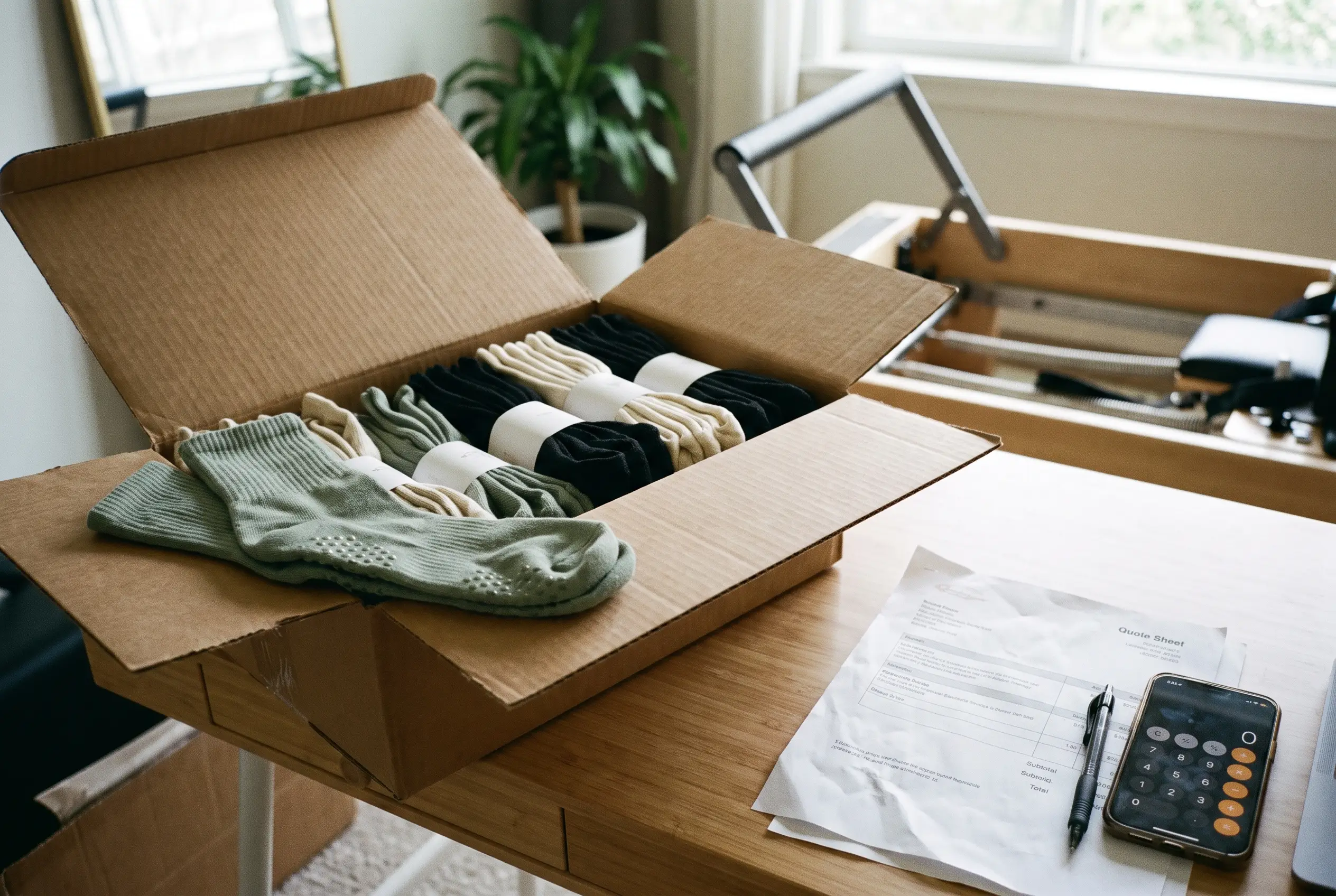 Studio merchandise buyer reviews grip socks samples, cartons and a calculator at a bright worktable while planning minimum order quantity.