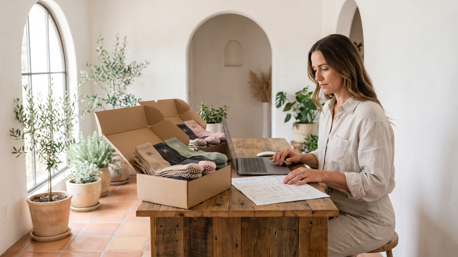 Studio owner compares sourcing options on a laptop at a sunlit Pilates studio reception desk, beside opened shipping boxes filled with neatly folded custom grip socks in neutral tones.