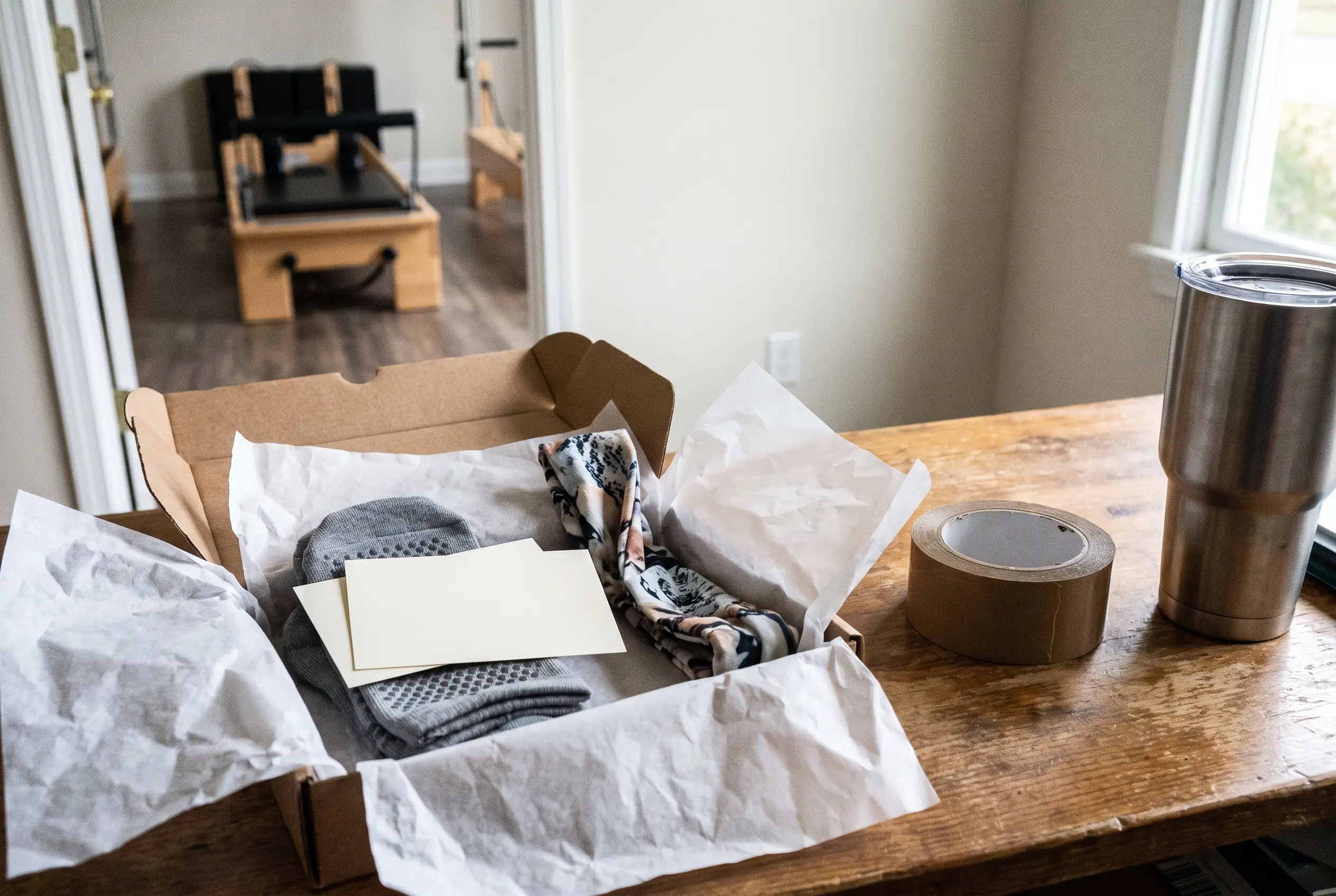 Open e-commerce parcel on a wooden table with branded grip socks, thank-you card, care guide, QR insert and small freebie arranged neatly in soft daylight.