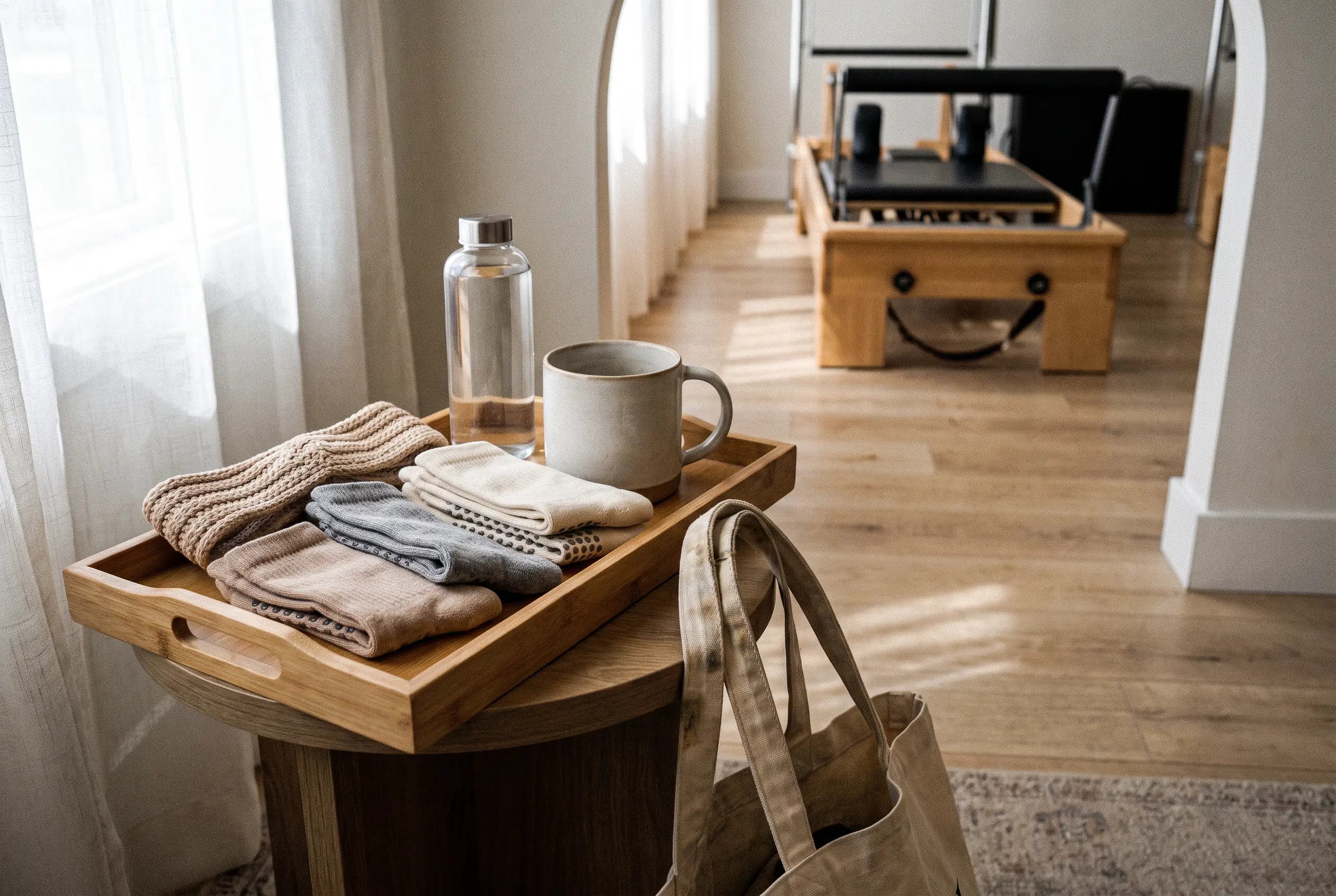Bright Pilates studio reception with neatly arranged grip socks, bottles and tote bags on a calm retail display near check-in.