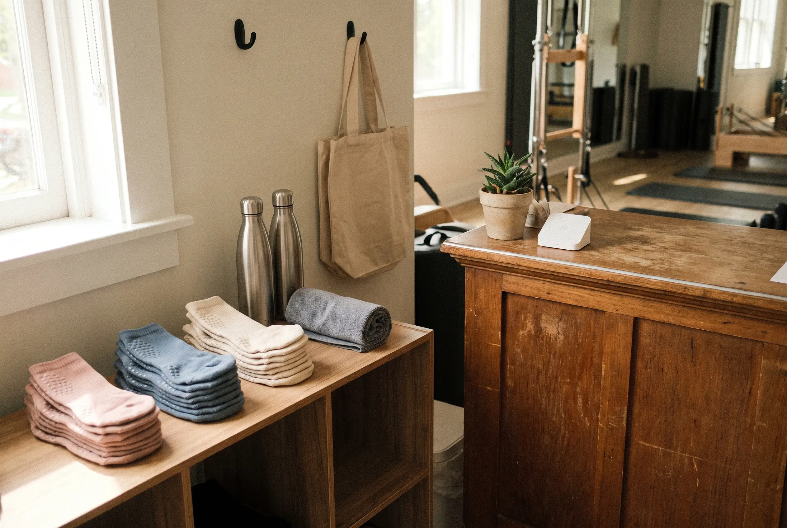Boutique Pilates studio reception with a small retail display of grip socks and accessories, styled neatly beside the check-in desk in soft natural light.