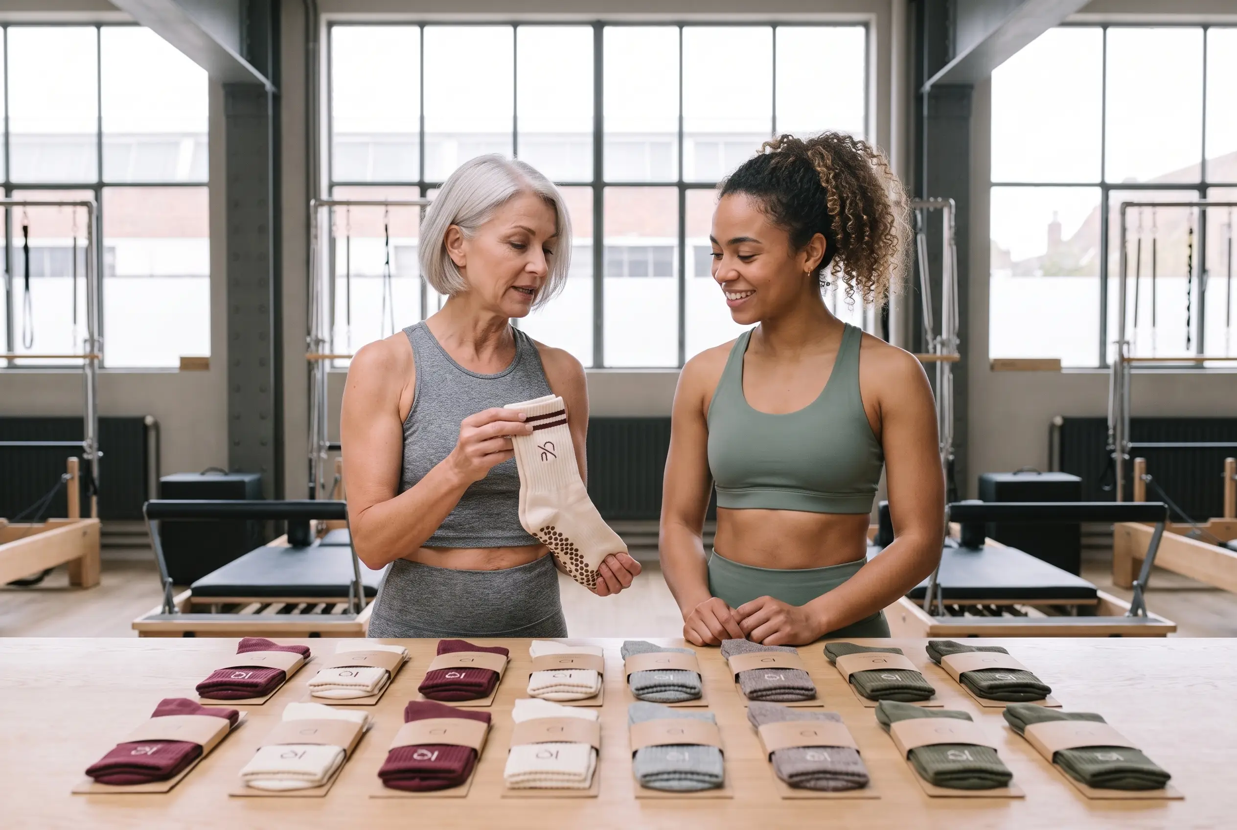 Einkäuferin eines Boutique-Fitnessstudios prüft Muster individuell gebrandeter Grip-Socken, Verpackungen und Farbmuster auf einem hellen Verkaufstisch im Studio.