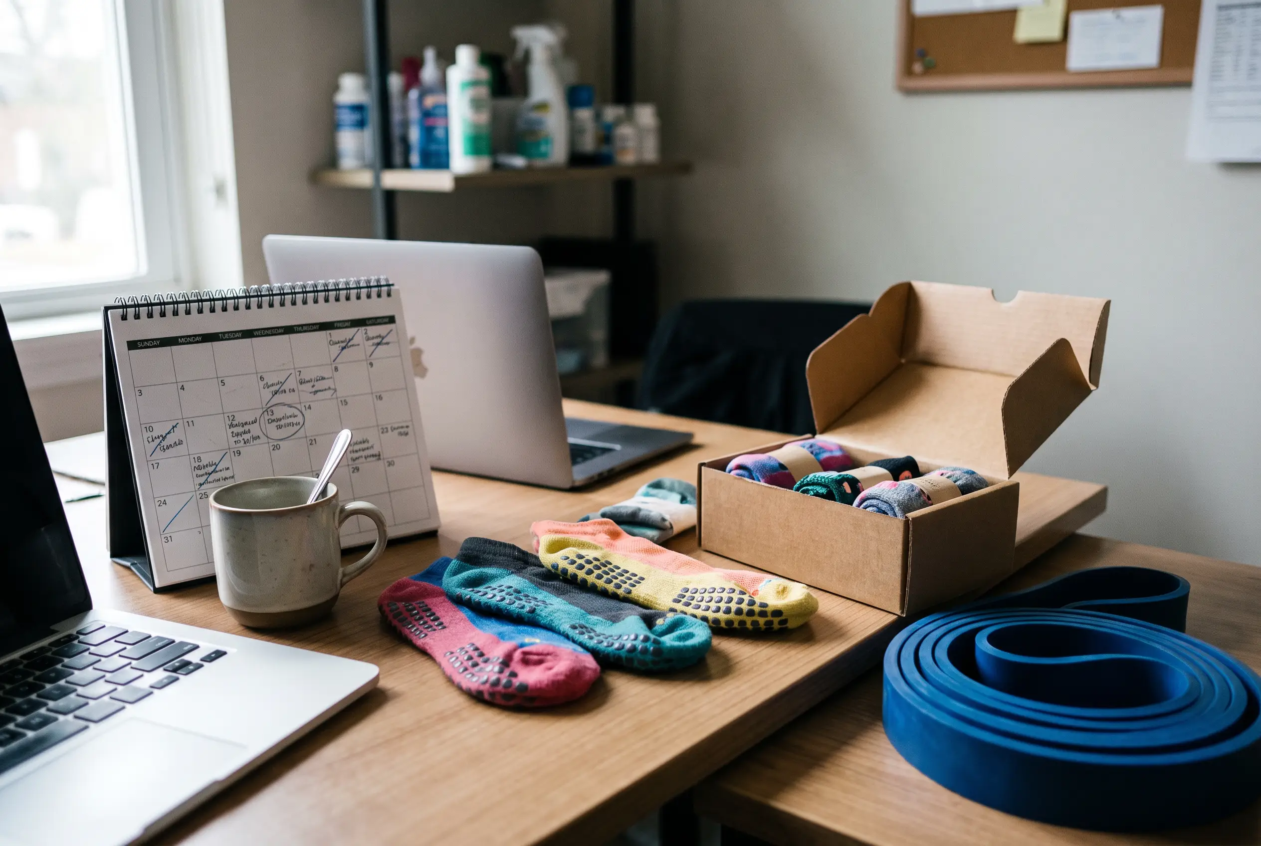 Studio merchandise planner reviews custom grip sock samples, calendar notes and packaging proofs across a bright worktable in a modern office.