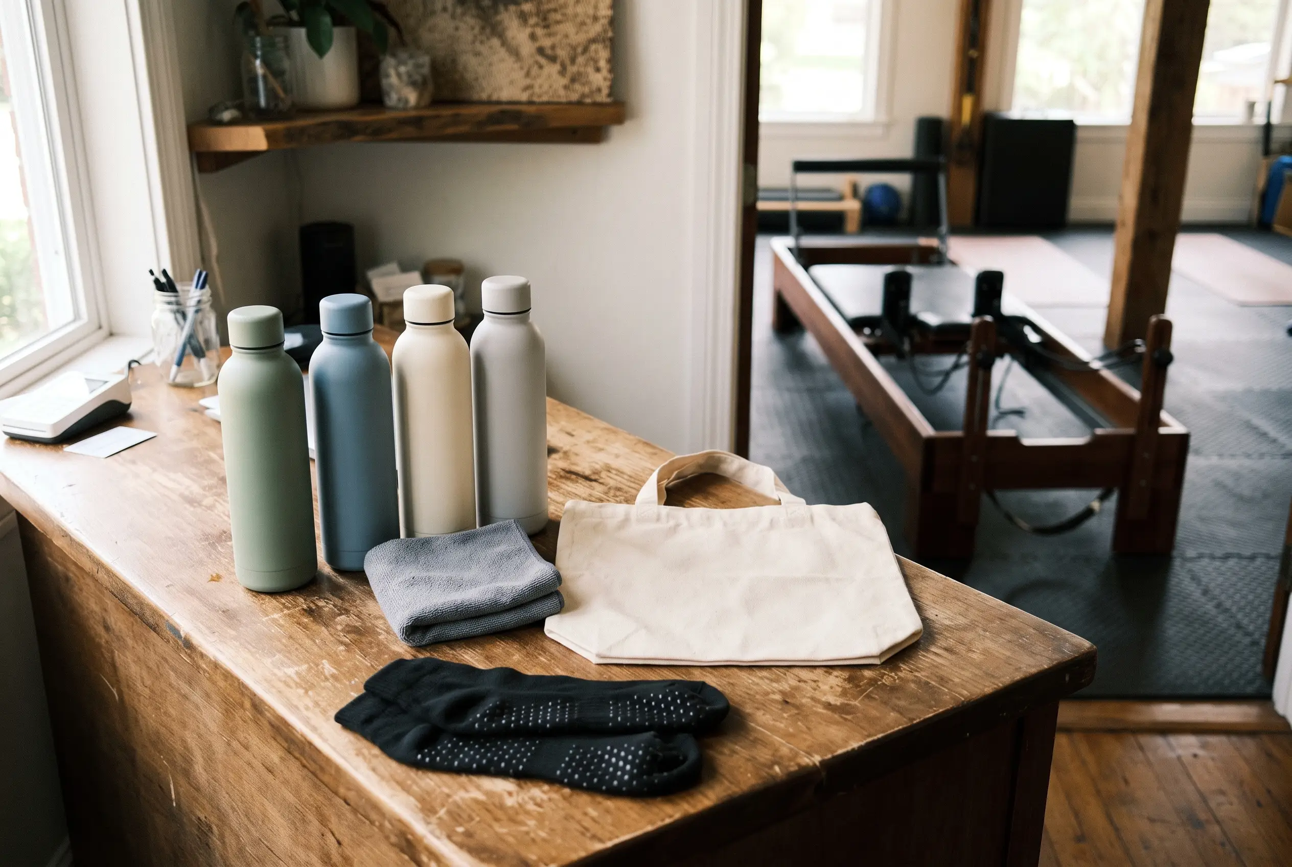 Branded reusable water bottles arranged on a boutique fitness studio counter, with reformers and soft natural light creating a clean retail feel.