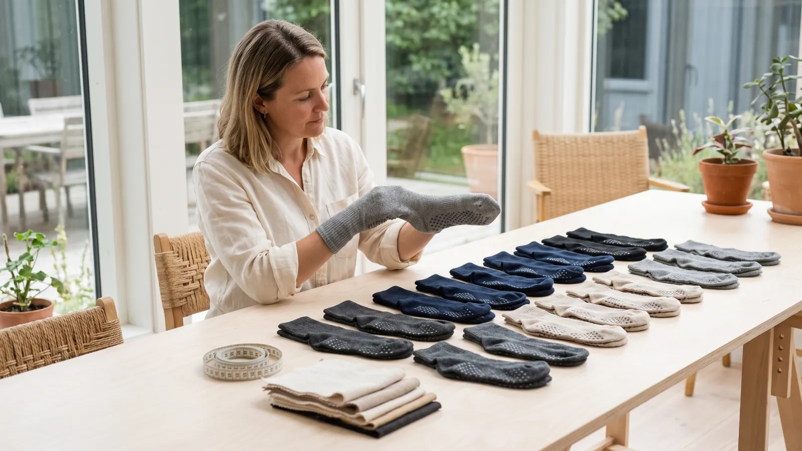 Quality inspector stretches a grip sock over her hand at a bright workroom table, with washed sample pairs, a tape measure and color swatches beside her.