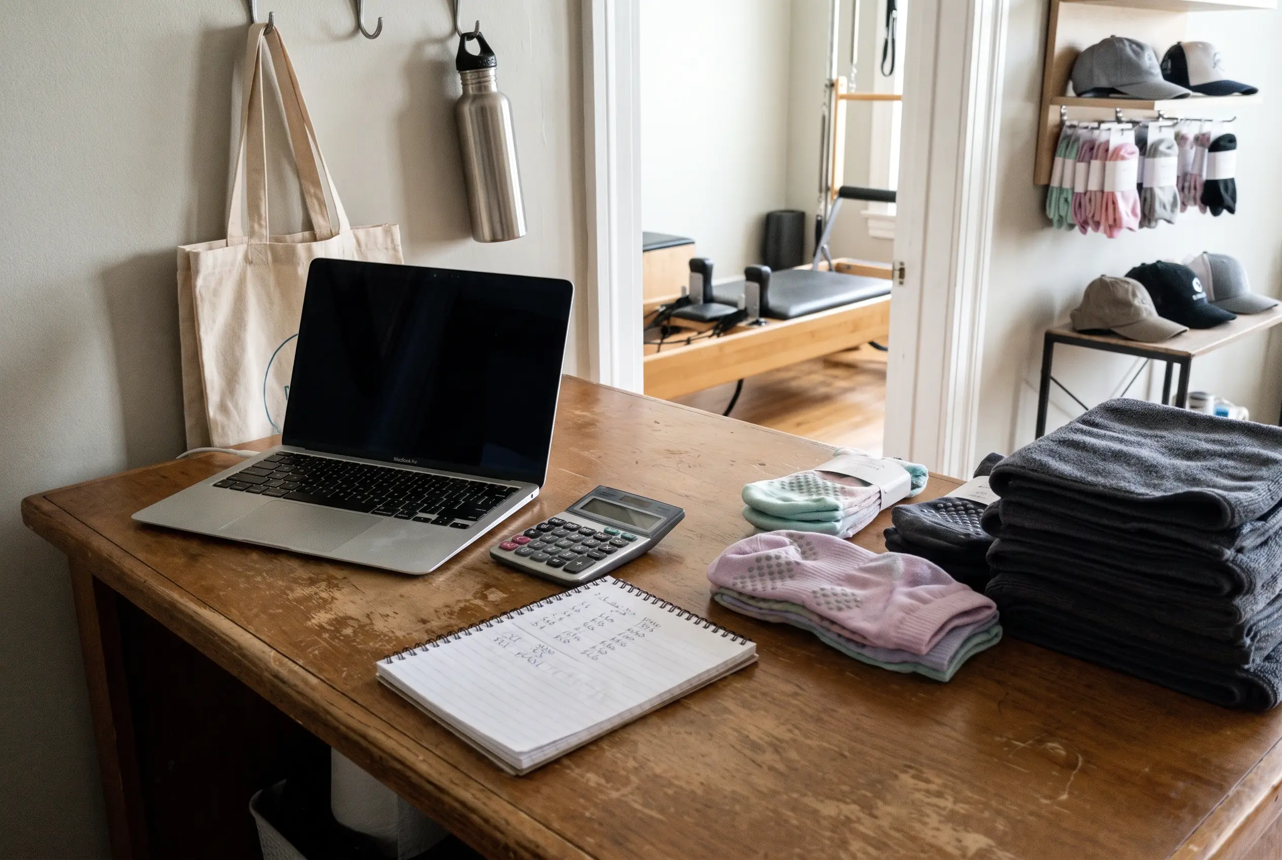 Studio owner reviews product costs and pricing on a laptop beside branded grip socks, calculator, notebook and coffee in a bright modern workspace.