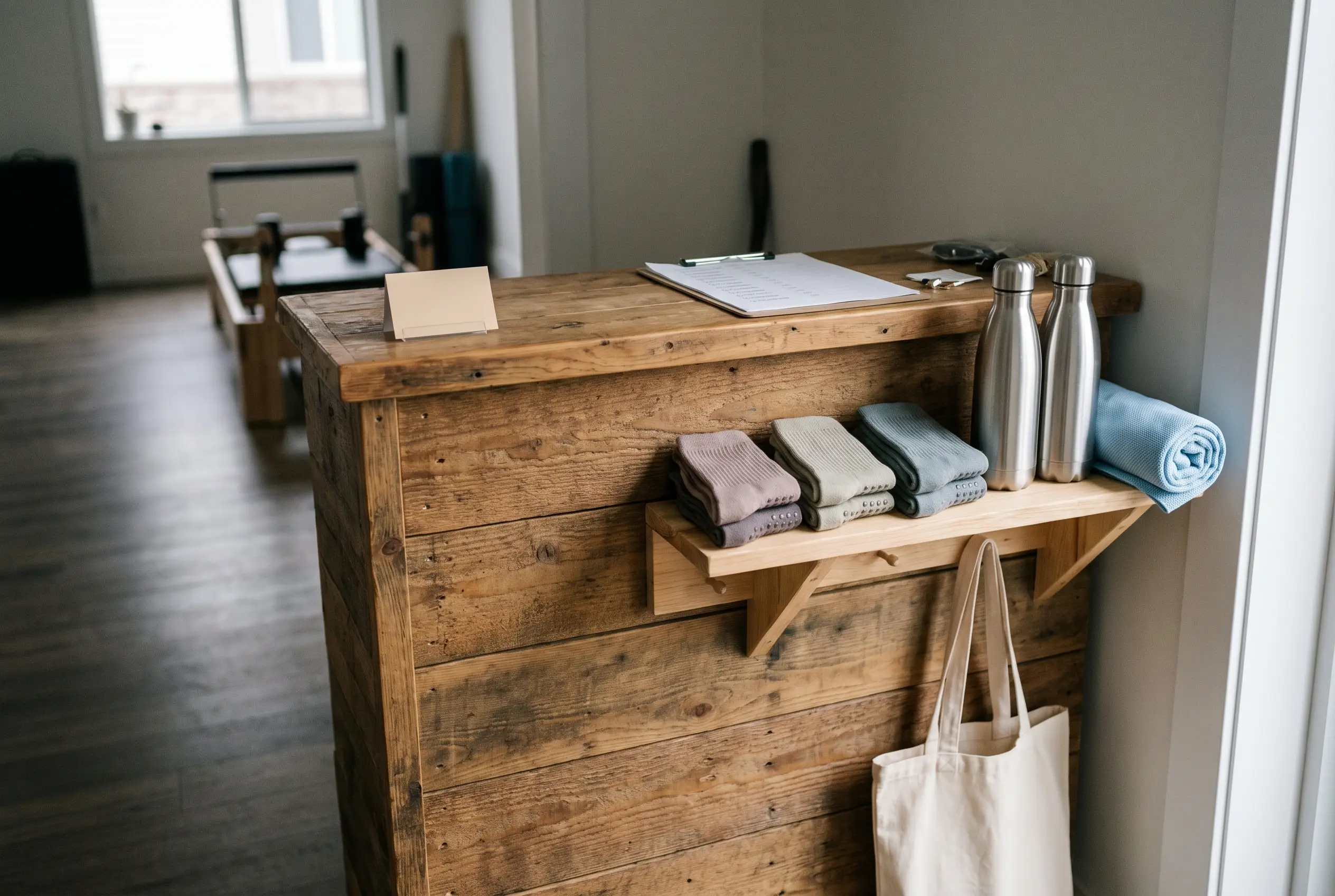 Reception i en boutique-pilatesstudio med prydligt uppställda grippstrumpor, vattenflaskor och tillbehör med studions logga på ordnade hyllor medan en chef går igenom lagret.