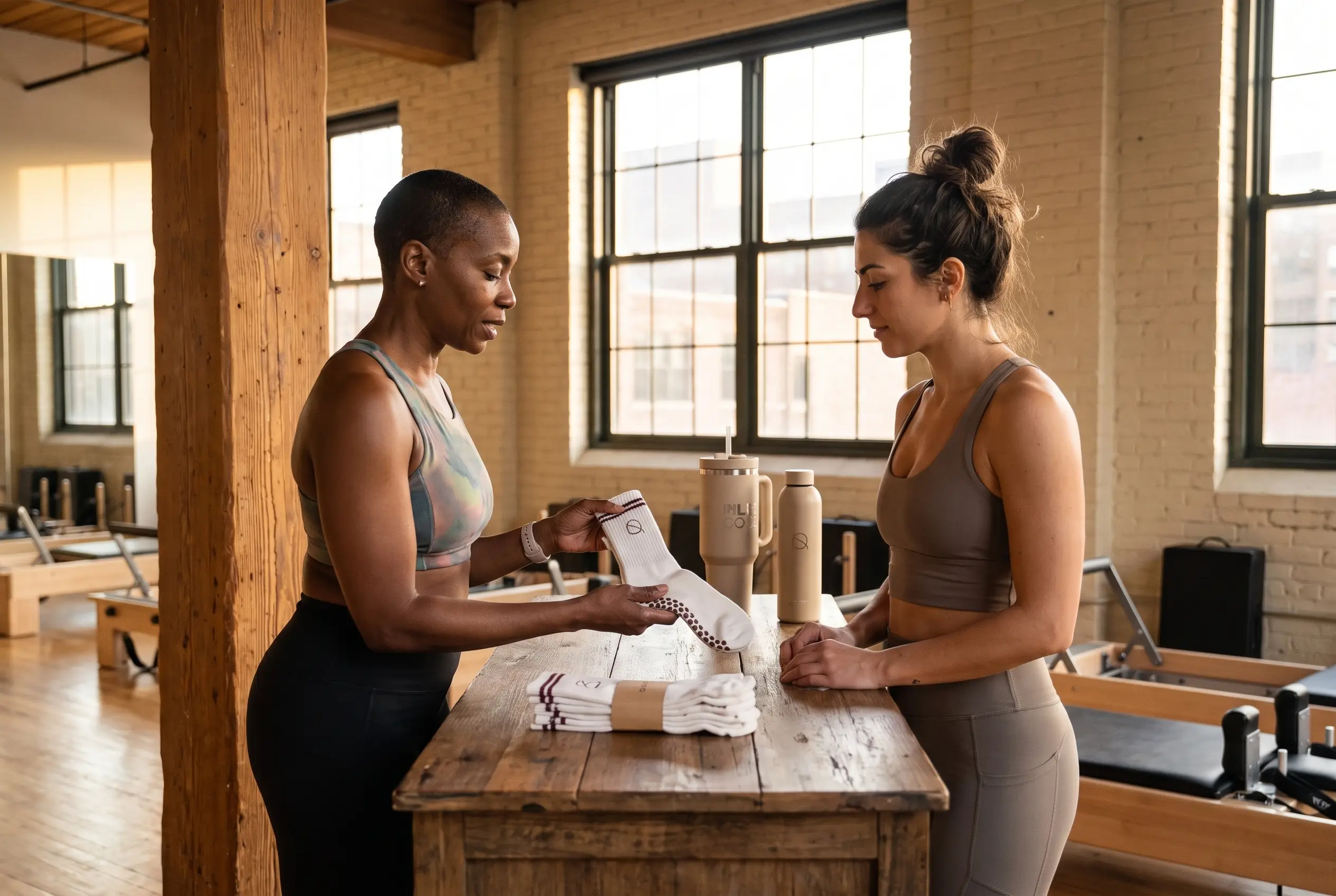 Verkoopbalie in een boetiek-fitnessstudio waar een medewerker een klant premium gripsokken en accessoires laat zien in een lichte, moderne winkel.