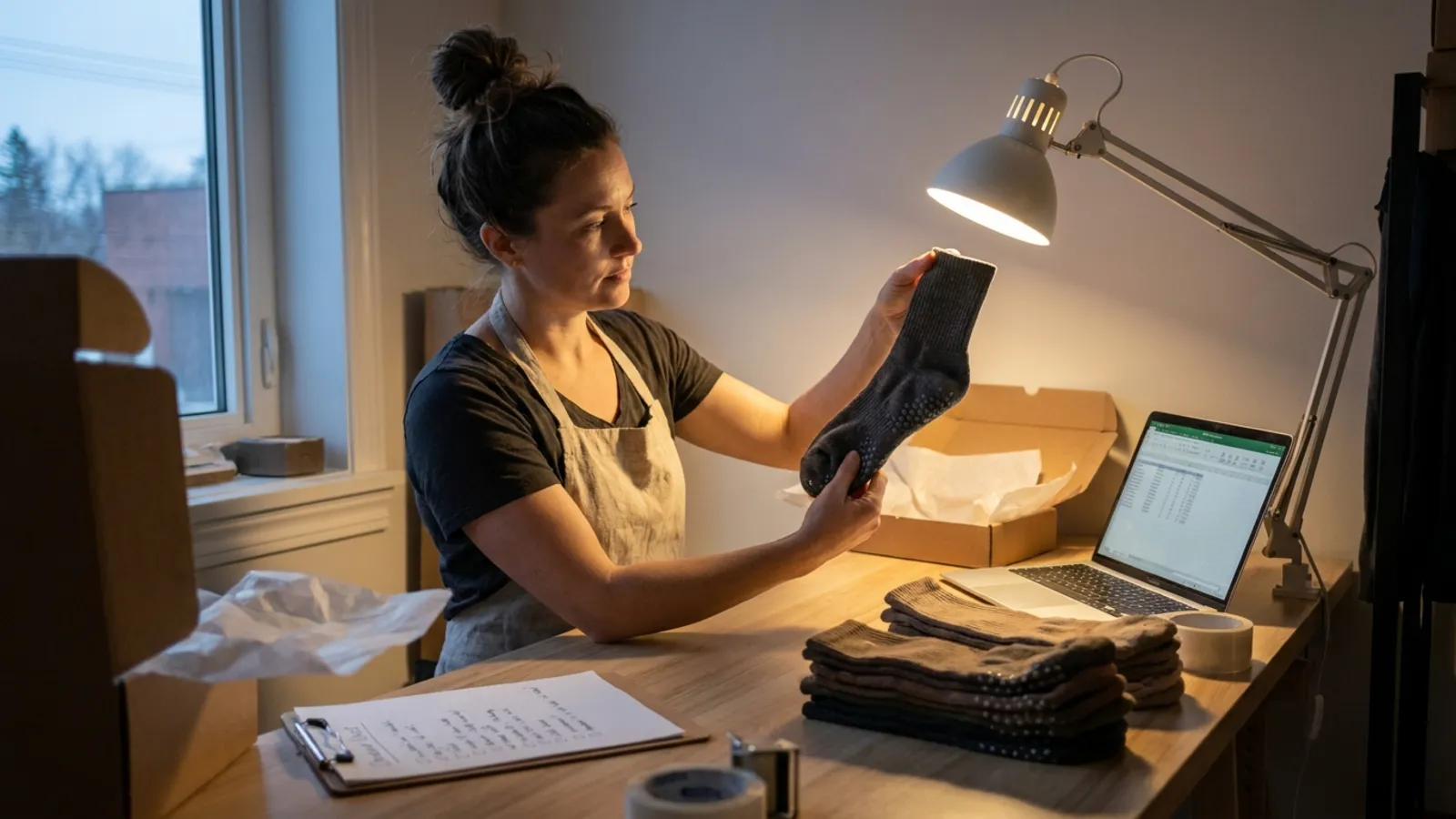 Studio owner inspects the silicone grip on a sample sock at a packing table with open shipping cartons, folded grip socks, a laptop and a checklist.