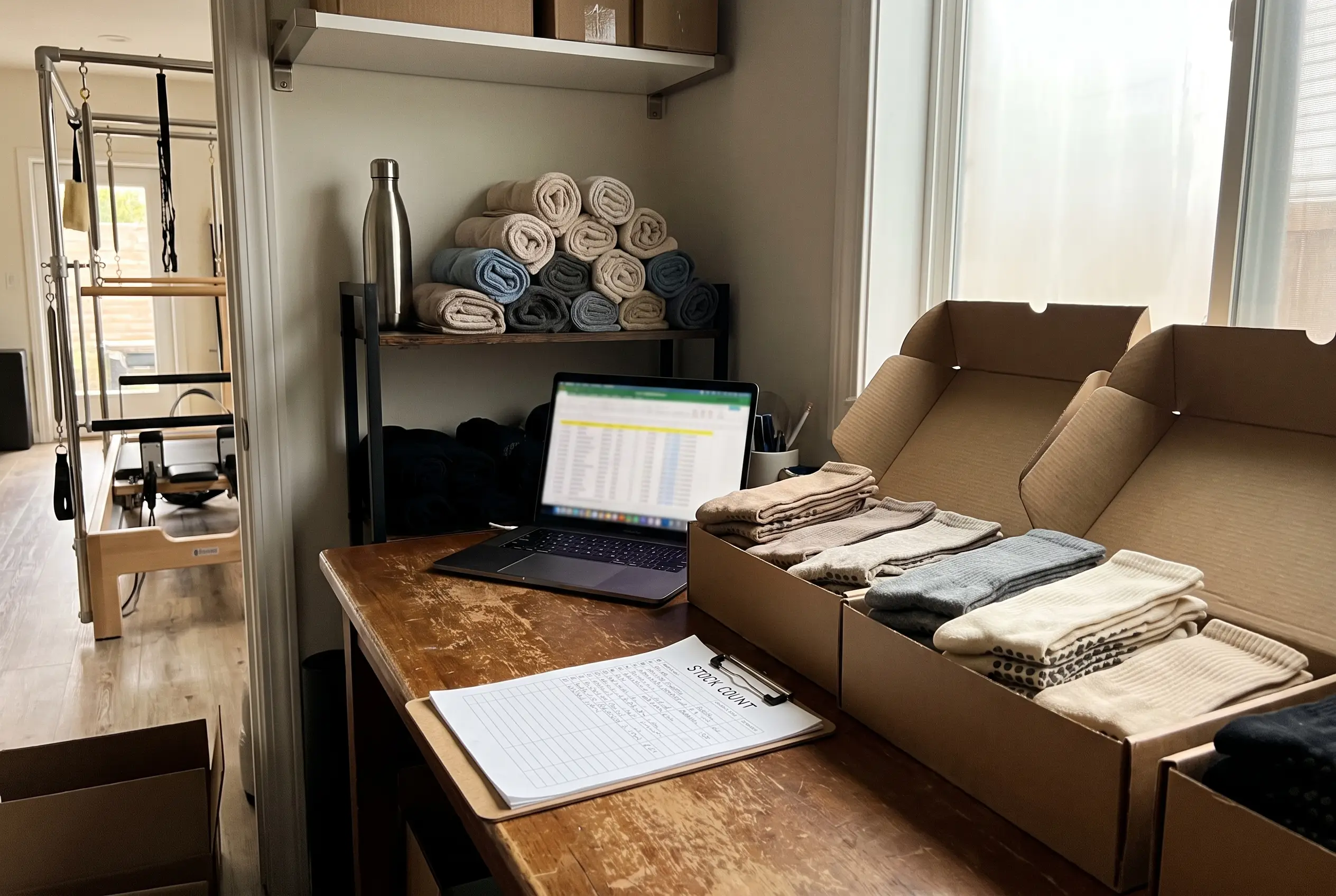 Boutique fitness retail manager reviews sock inventory and sales figures on a laptop beside neatly arranged branded merchandise in a bright studio shop.