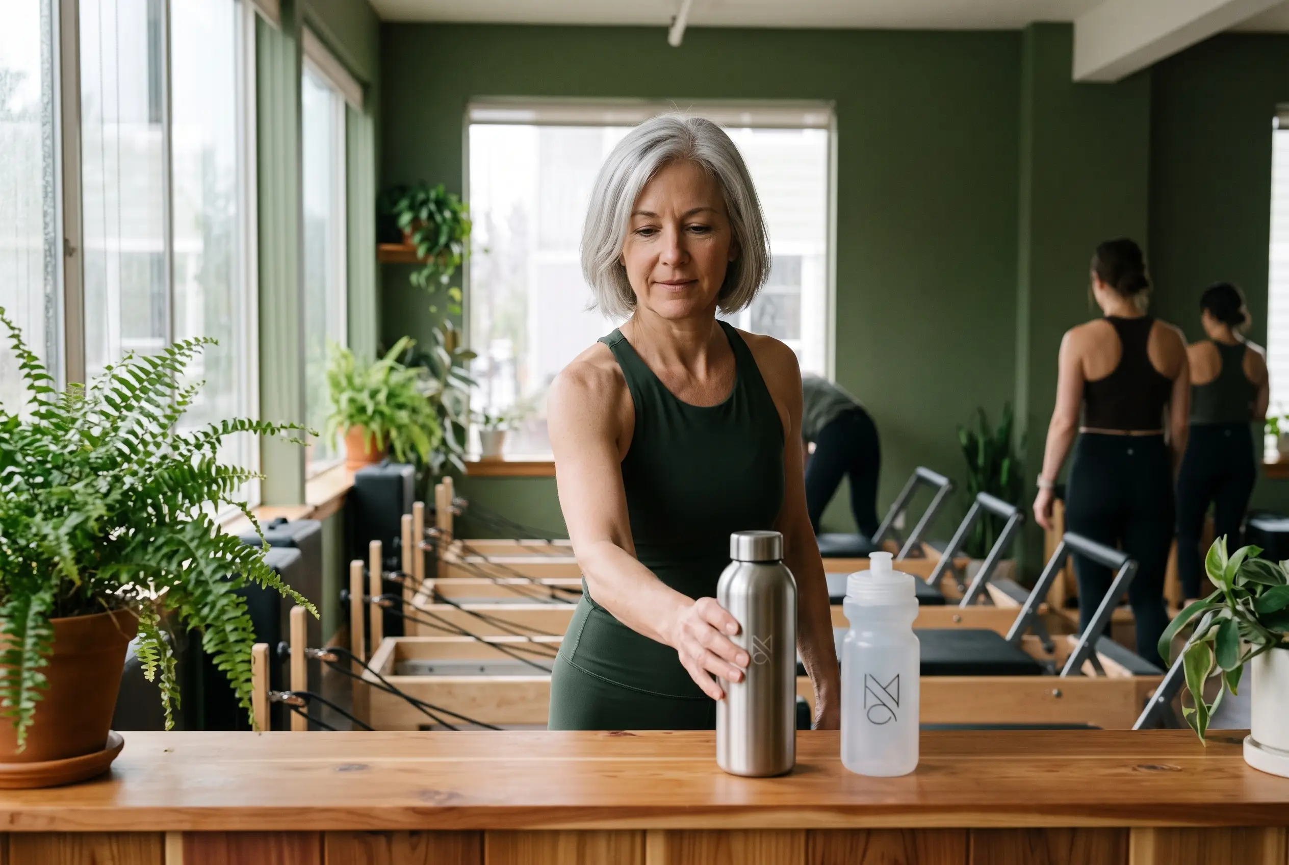 Trinkflaschen mit Logo aus Edelstahl und Plastik auf einer aufgeräumten Theke in einem Pilates-Studio, mit weichem Tageslicht und Fitnesszubehör im Hintergrund.