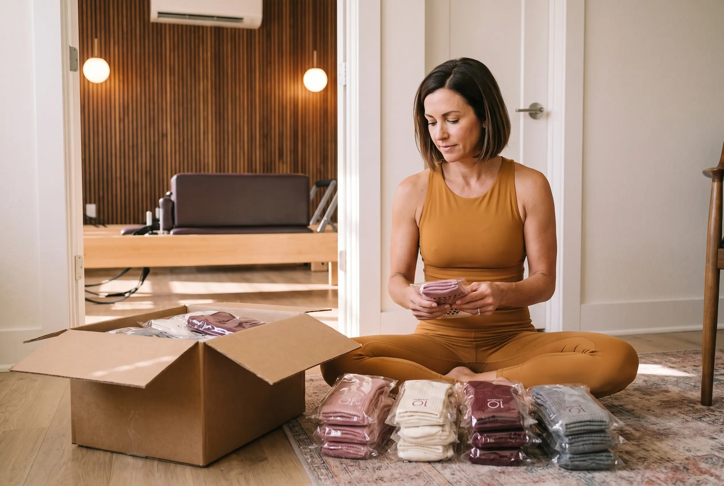 Ordentlich angeordnete Grip-Socken in sanften neutralen Tönen liegen im Verkaufsregal eines Boutique-Pilates-Studios, mit hochwertigen Texturen und einer ruhigen, modernen Atmosphäre.