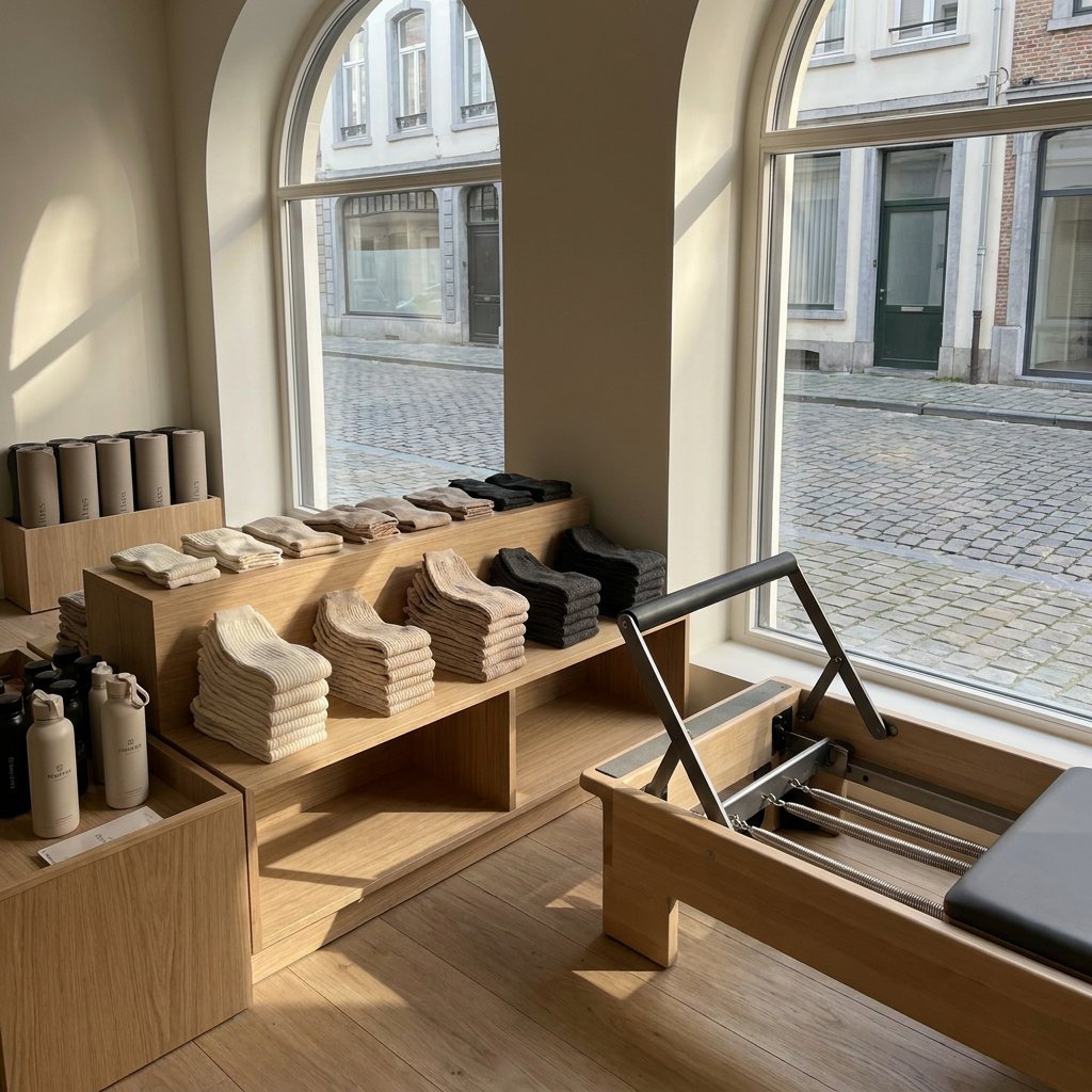 Neatly arranged grip socks in soft neutral tones sit on a boutique Pilates studio retail shelf, with premium textures and a calm, modern atmosphere.